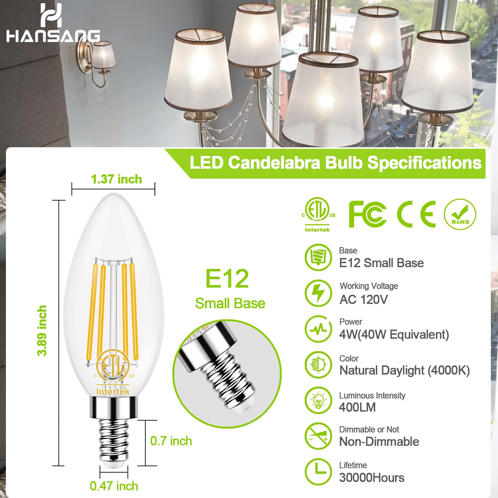 Hansang E12 Ceiling Fan Light Bulbs 4000K Natural Daylight, 40W Equivalent Chandelier Candelabra Light Bulbs,120V 4W Candle Shap