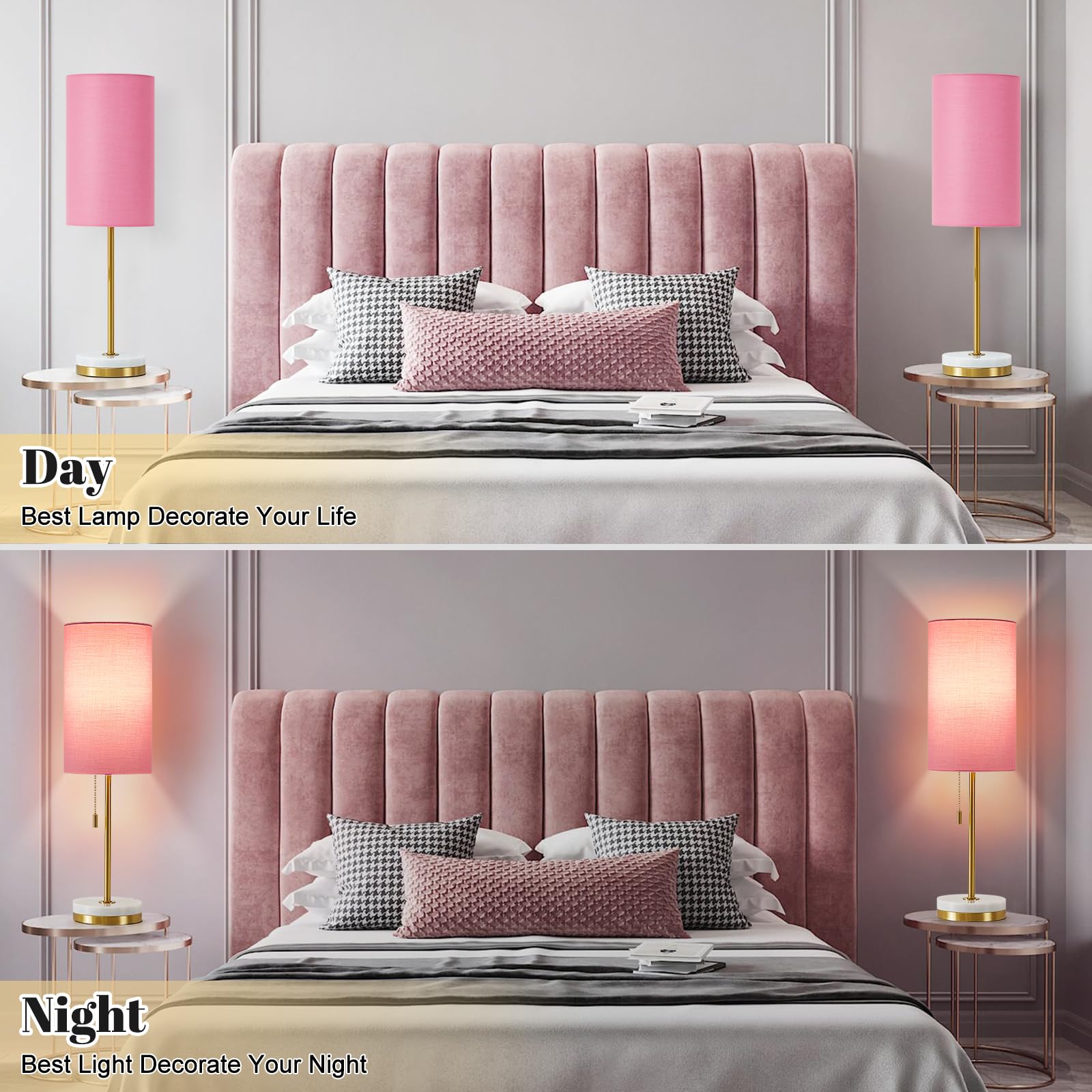 Luvkczc Minimalist Table Lamp Set of 2, Metal & Fabric, Pull Chain, Marble Base, Pink & Gold, Model 066