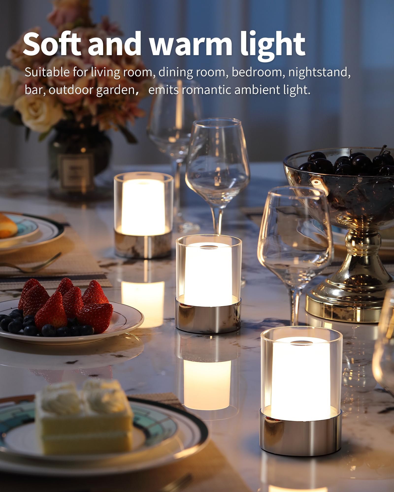 Newsee Led Touch Night Light 4&quot; For Nursery & Outdoor, Rechargeable Chrome Table Lamp, Set Of 2