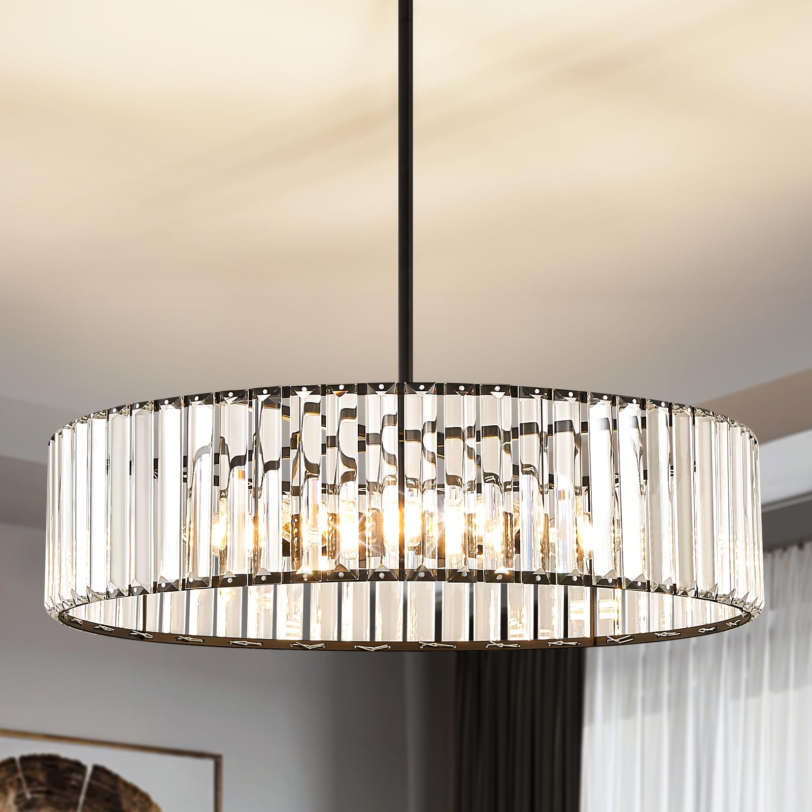 Yurnyq Black Crystal Chandelier For Dining Room, 6-Light Modern Semi Flush Mount Chandelier Lighting Fixtures, Round Kitchen Han