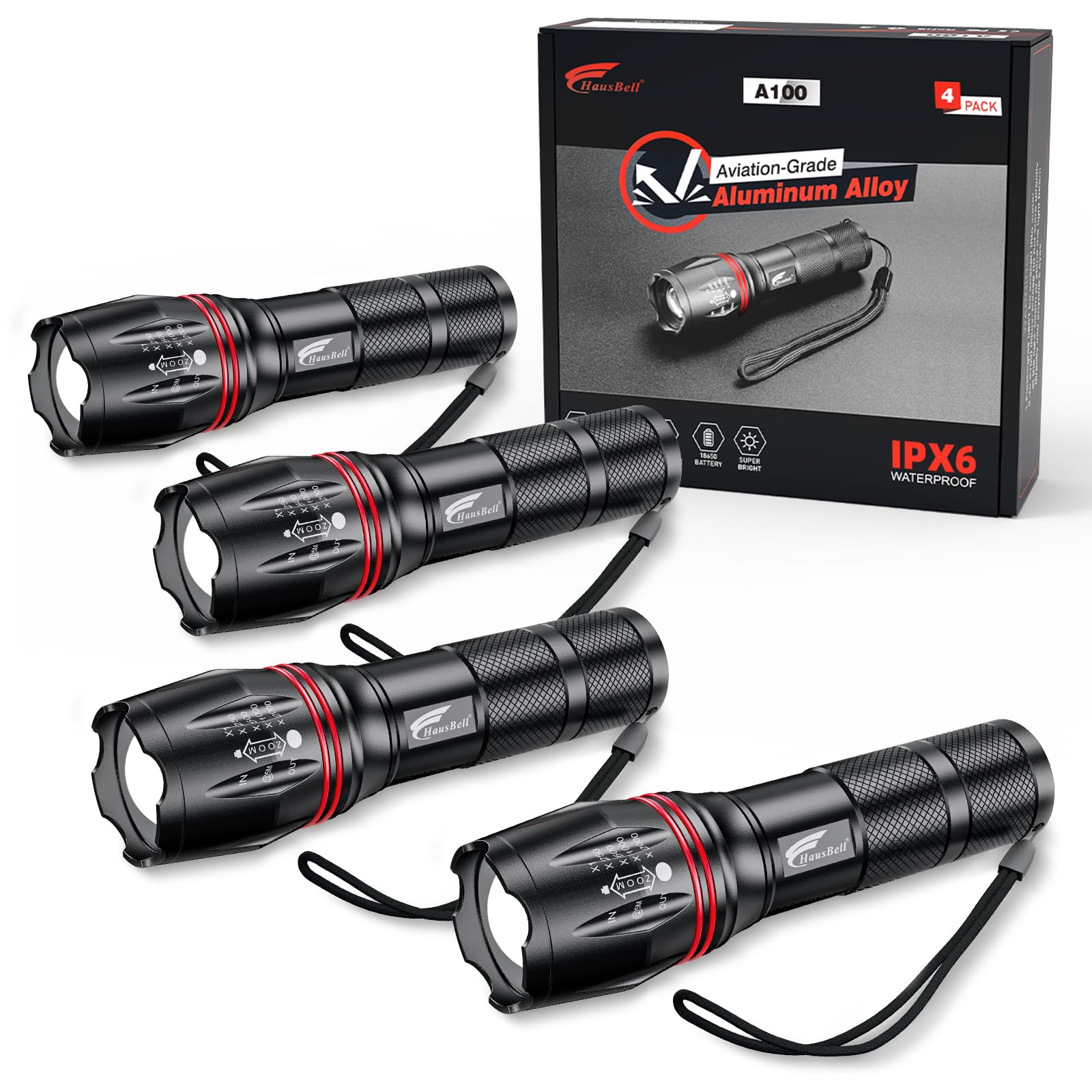 HAUSBELL LED A100 Flashlight Pack - 4 Zoomable Tactical Flashlights, High Lumens, Black, Aluminum, Emergency & Outdoor Use