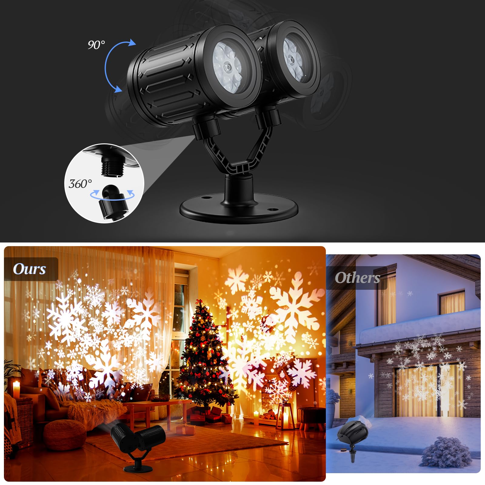 Christmas Projector Lights Outdoor, 2024 Double-Head Rotating Led Snowflakes Projector, Waterproof Christmas Decoration Lights F