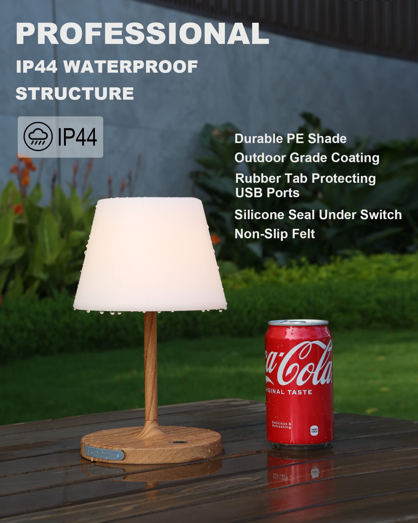 WEILAILUX Outdoor Waterproof Table Lamp, Cordless 4000mAh, Touch Dimmable, 9.6in Wood Grain, Model WL-3666