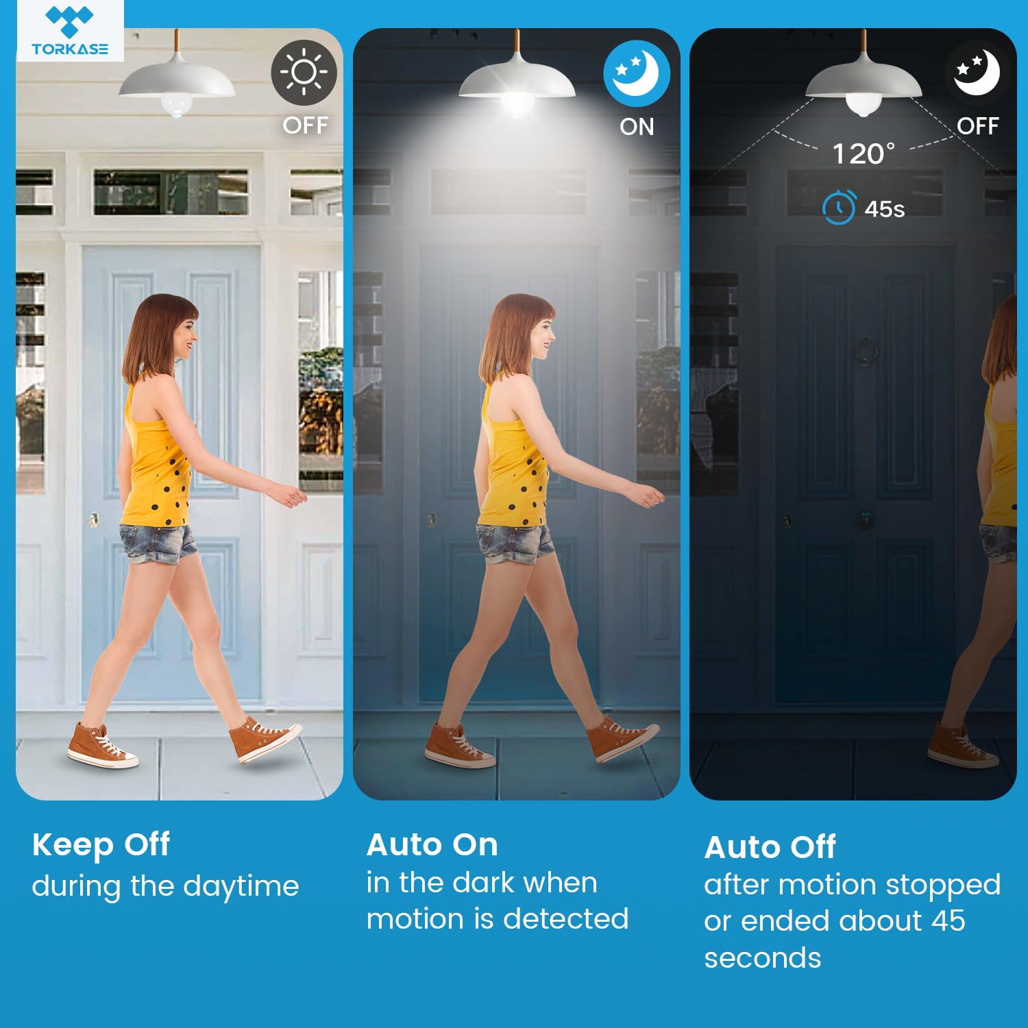 Torkase Motion Sensor Light Bulbs, 13W (100W Equivalent), Daylight 5000K, 3 Pack, Indoor/Outdoor Security Lighting