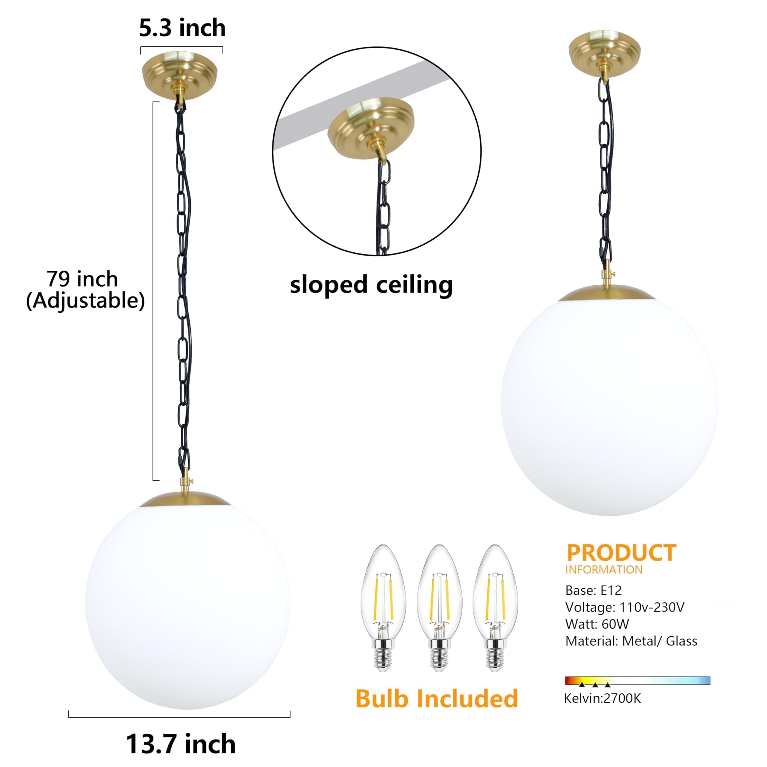 Koko&Yukina 13.7&quot; Gold Globe Pendant Light, Opal & Brass Adjustable Fixture For Dining Room