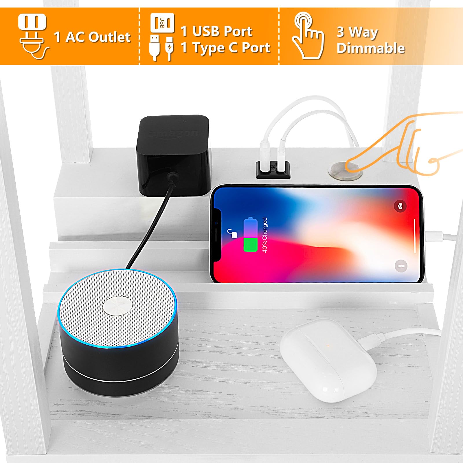 Folksmate Touch Control Shelf Floor Lamp, Modern Dimmable Led Standing Lamps With Shelves, 2 Fast Charging Usb Ports And Power Outlet, Wood Skinny Tall Light For Living Room, Bedroom, Bedside,White