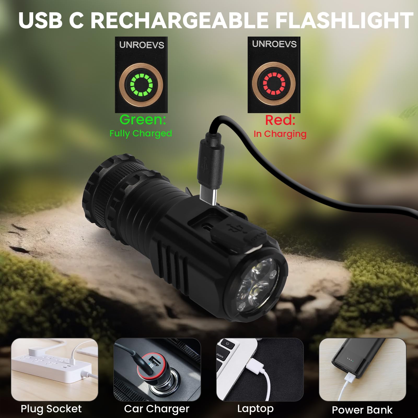 UNROEVS Mini Flashlight 2550 Lumens, Rechargeable USB C, 5 Modes, Aluminum, Black, Pocket Size, EDC (4 Pack)