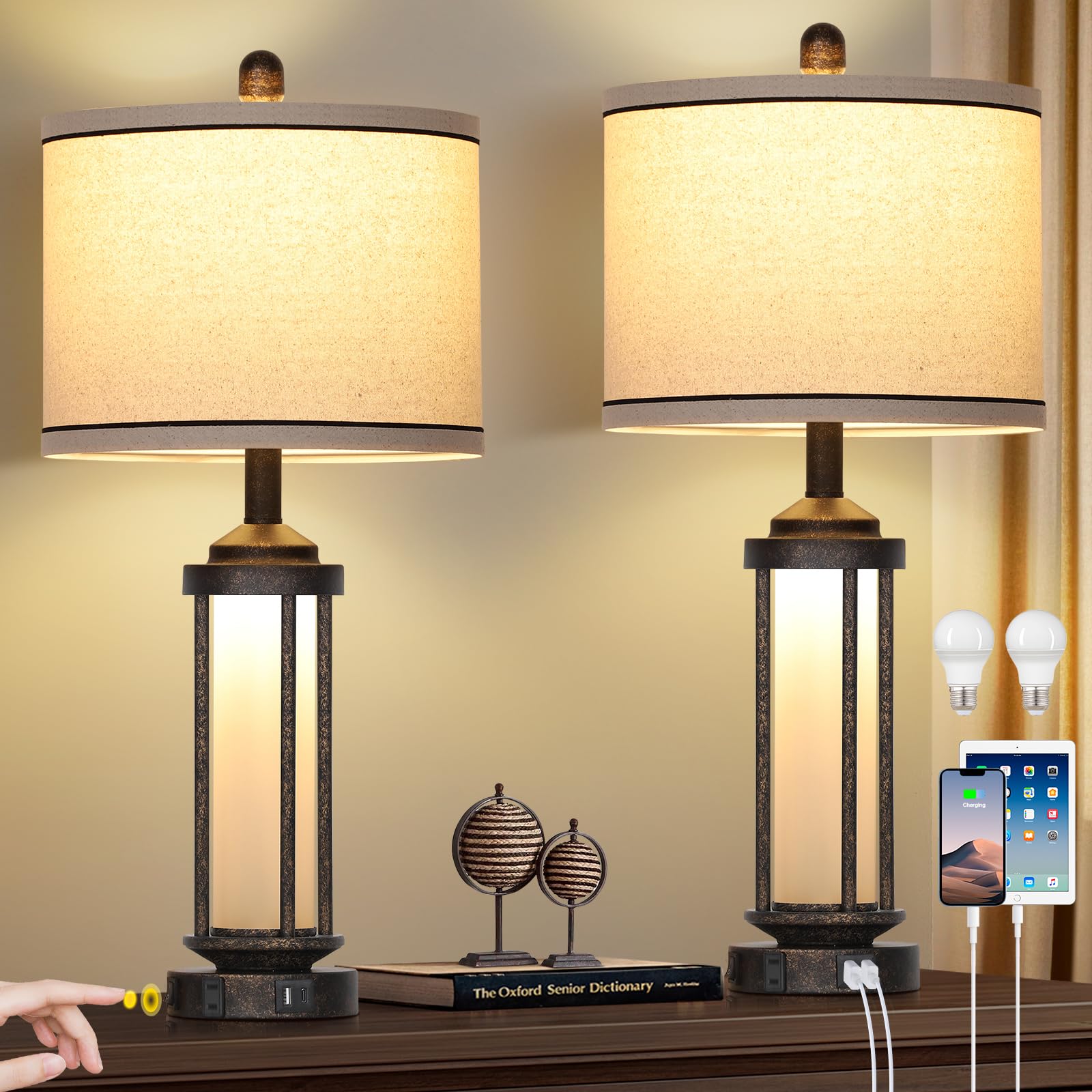 27'' Farmhouse Industrial Table Lamps, Vintage Rustic Retro Beside Lamps with USB A+C Charging Ports & AC Outlet, Modern Nightst