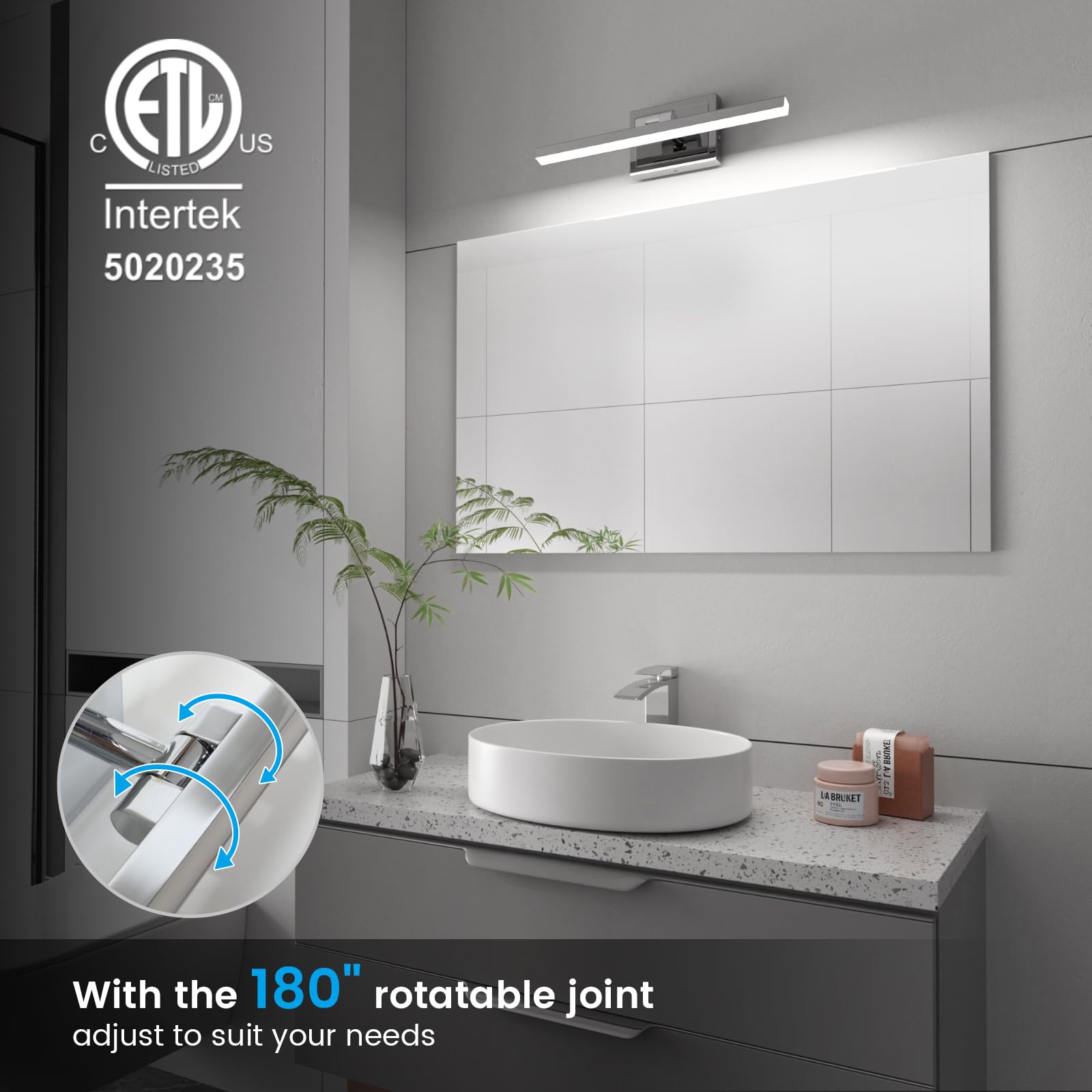 Volisun Modern Bathroom Vanity Light 15.7 Inch, Rotatable, 12W Dimmable 5Cct Led Bathroom Light Fixture Over Mirror, Chrome Vani