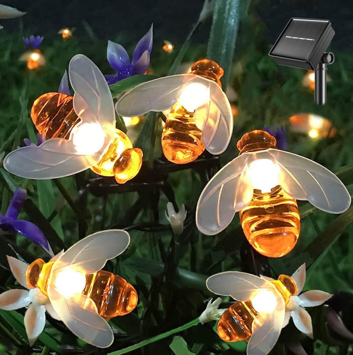SEMILITS Solar String Lights 20LED Waterproof Honey Bee Decor Warm White for Garden and Xmas