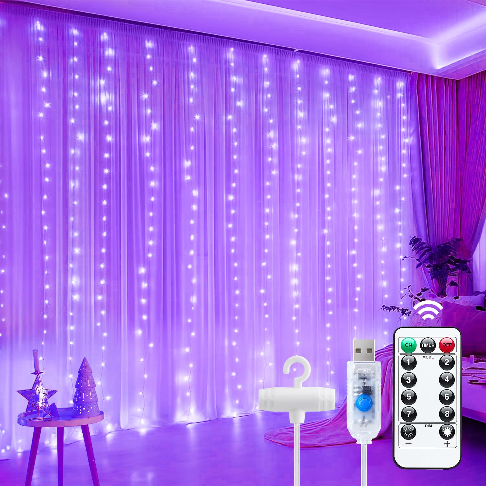 Minetom Purple Curtain Lights, 300 LED Dimmable Fairy Lights, USB Powered, 1 Pack, 8 Modes