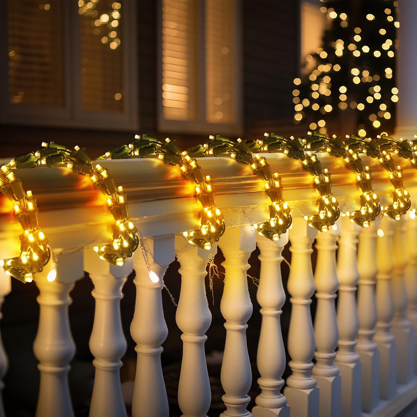 VIHOSE 9 300 Bulb Mardi Gras Garland Lights on Green Wire, 5mm Warm White LED, Garland String Lights for Patio Banisters Stair 