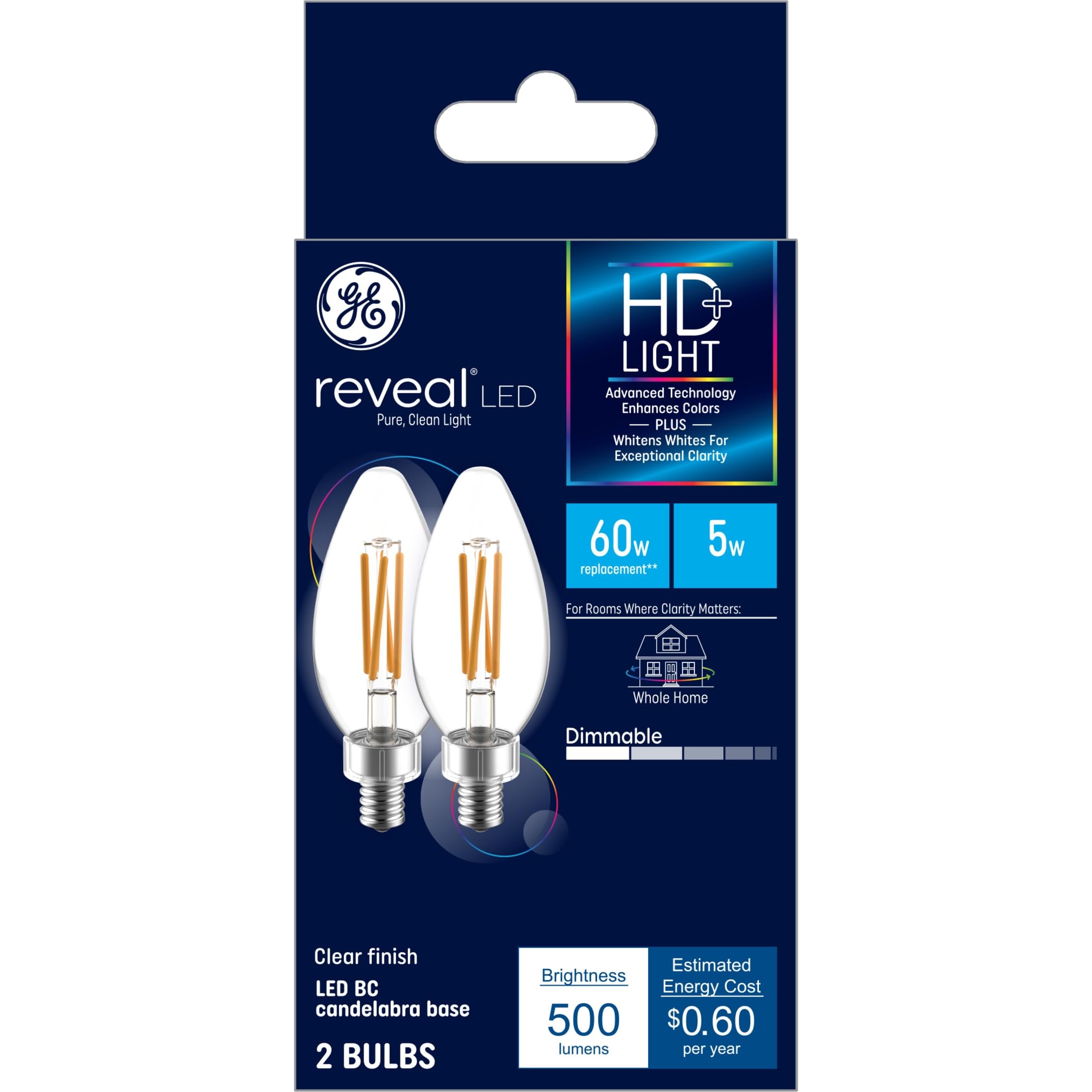 Ge Reveal Led Light Bulbs, Candle Lights, 60 Watts, Clear Decorative B11 Bulbs, Small Base (2 Pack)