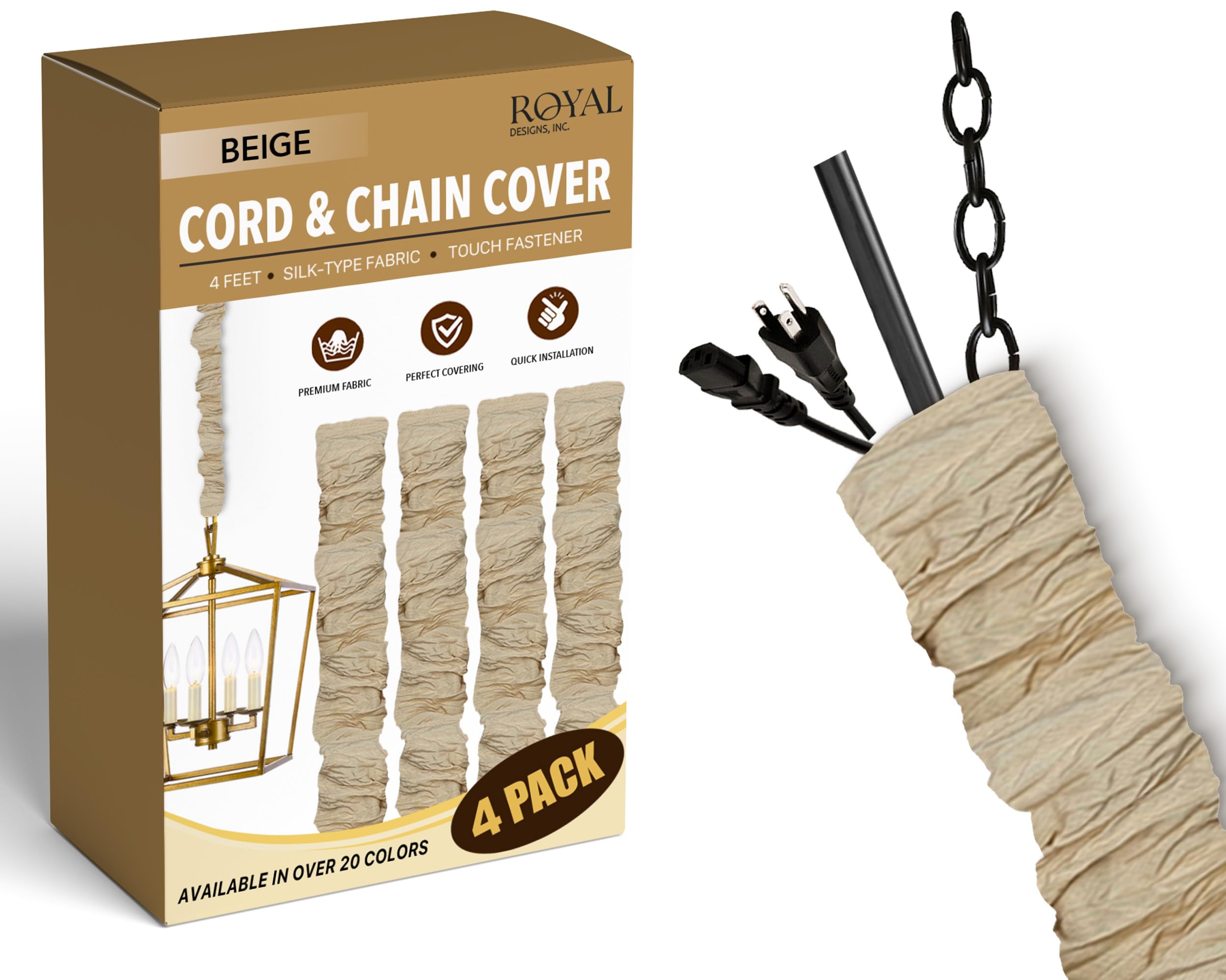 Royal Designs, Inc. Chandelier Chain Cover, 4 ft Silk Type Fabric, Beige, 4 Pack