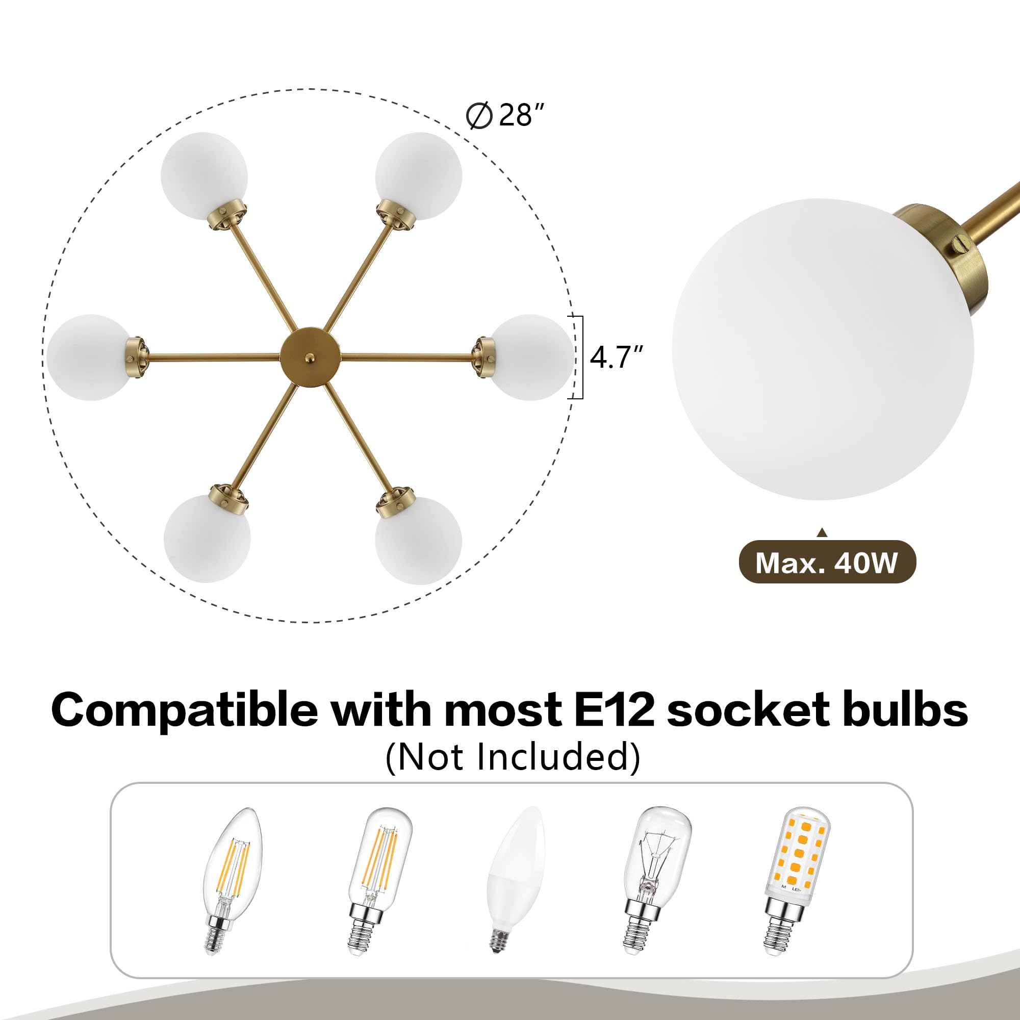 Wingbo 6-Light Sputnik Chandelier, Modern Pendant Light Fixture With 4.7" Opal White Glass Globe Shade For Flat And Slop Ceiling, Height Adjustable For Kitchen Living Room Dining Room Bedroom, Gold