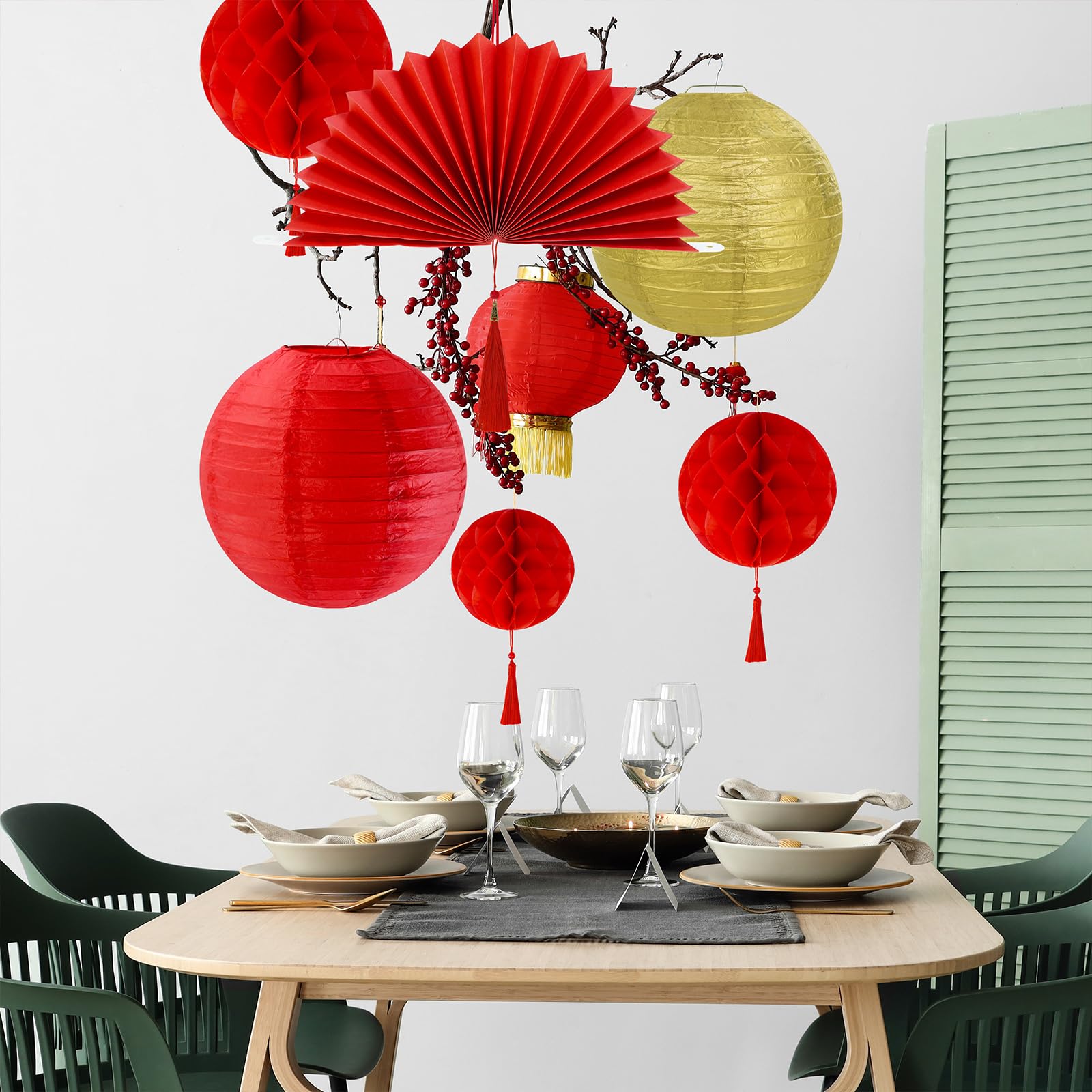Winlyn 22 Pcs Chinese New Year Decorative Red Gold White Round Paper Lanterns Honeycomb Balls Paper Fans Oriental Hanging Party