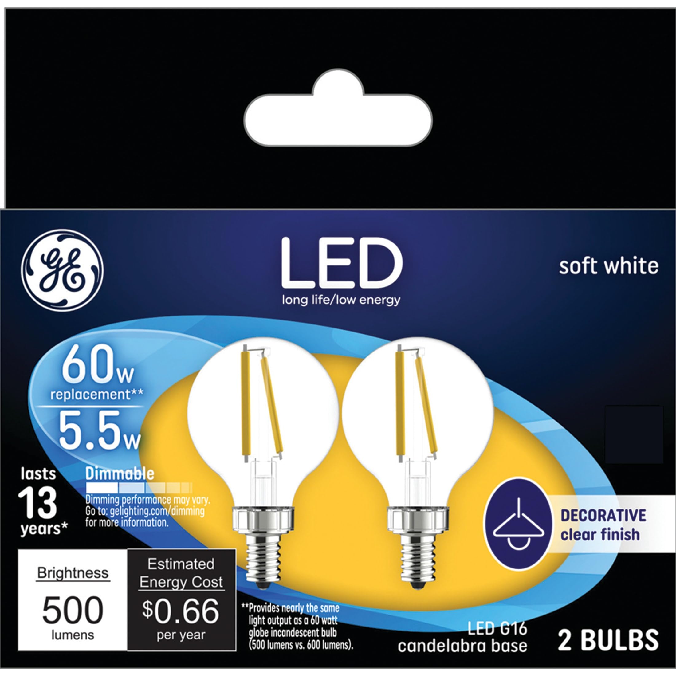 Ge Led Light Bulbs, 60 Watt, Soft White, G16.5 Globe Bulbs, Clear, Small Base (2 Pack)