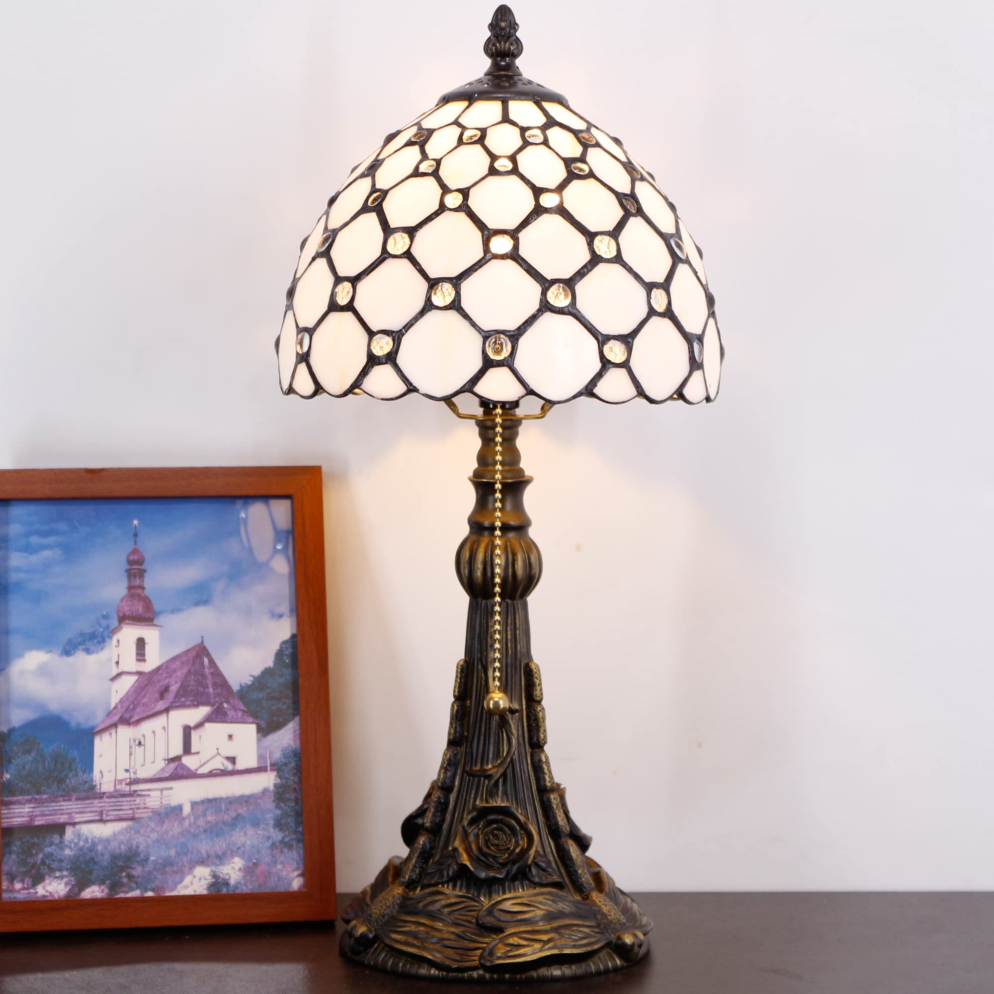 Small Tiffany Lamp Mini Stained Glass Desk Lamp Vintage Table Lamp Tiffany Style Night Light 8X17.5 Inch (Cream Pearl Bead Style