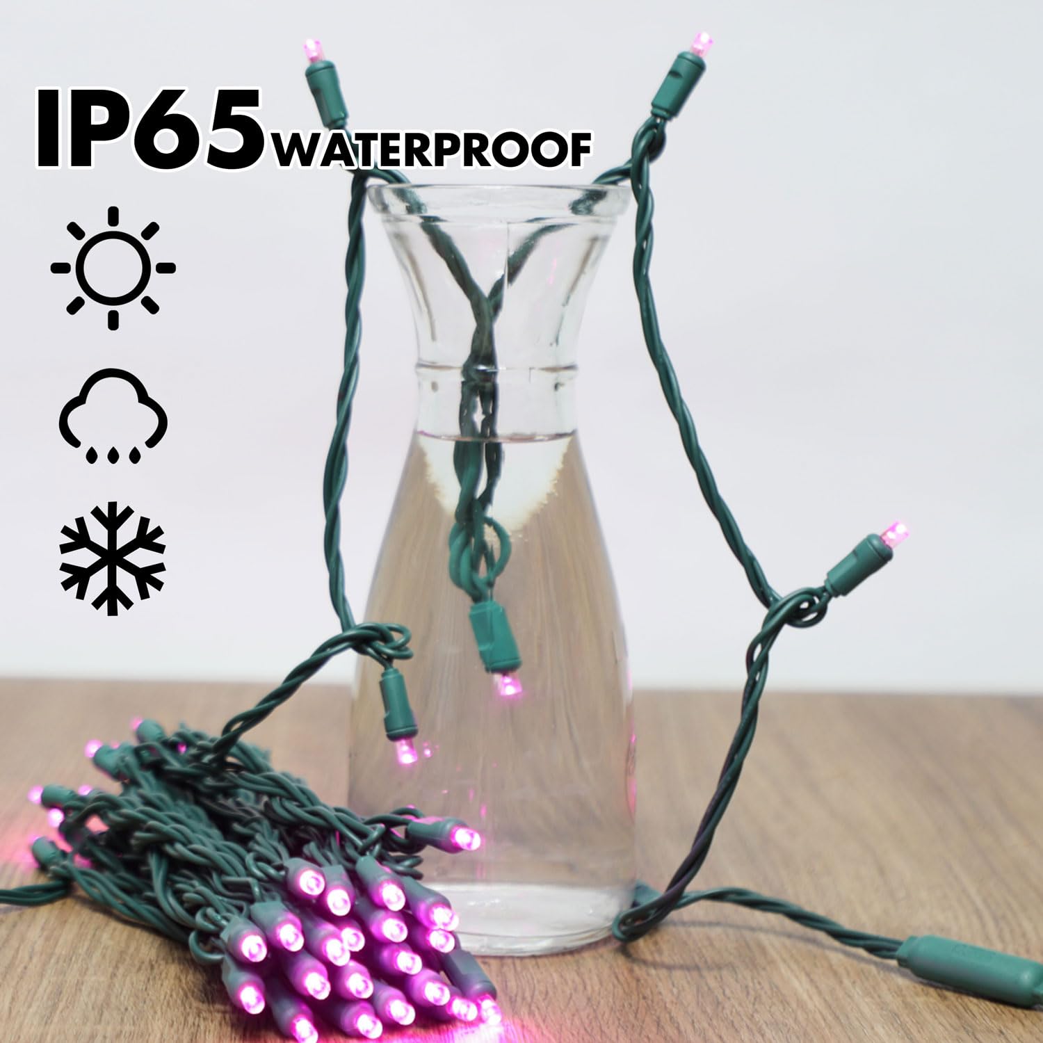 Lamphome 50Led String Lights,Led Christmas Lights,6" Spacing,Green Wire,Pink Colour,Commercial Grade