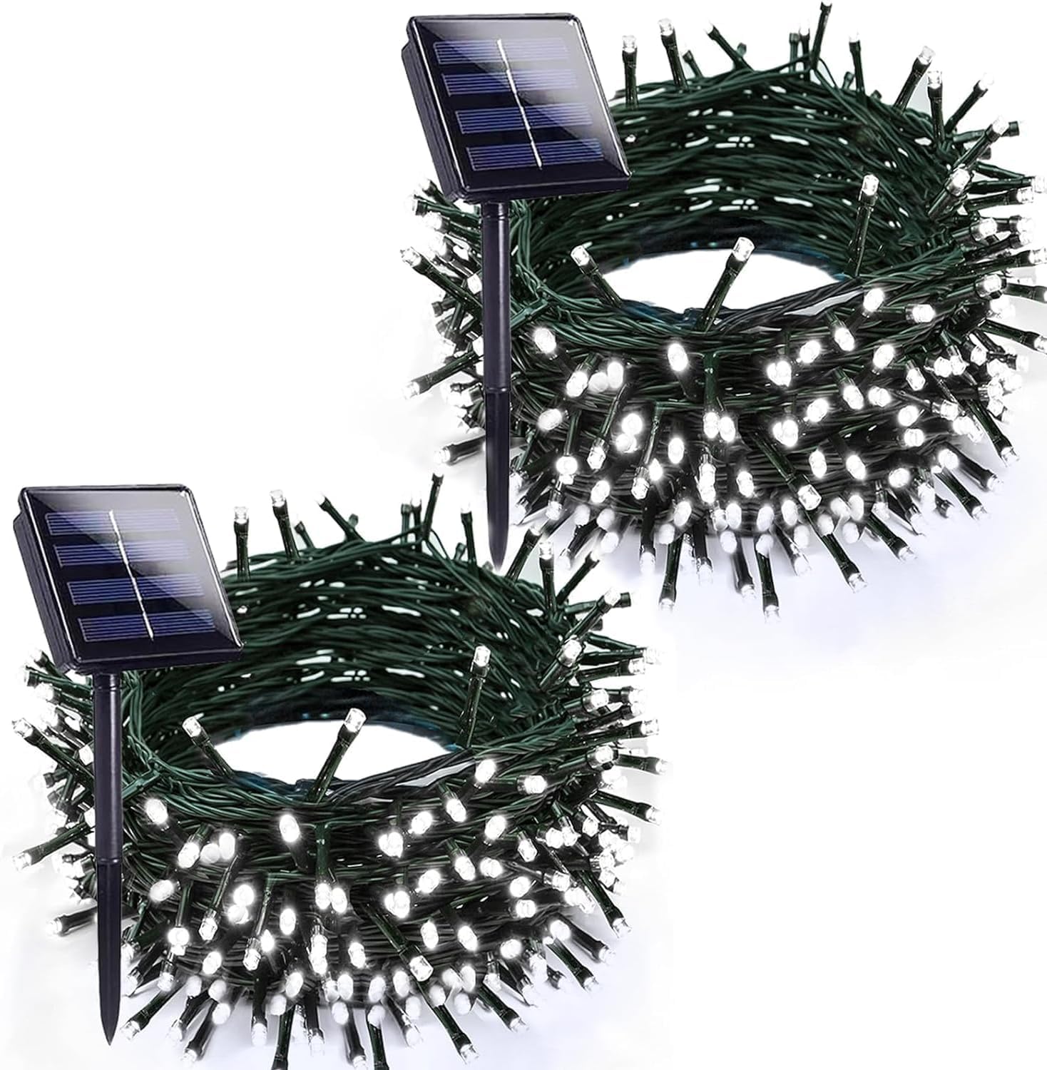 EXF Solar String Lights 200LED 66FT Green Wire Cool White Waterproof 2 Pack, 8 Modes for Outdoor Christmas Decor
