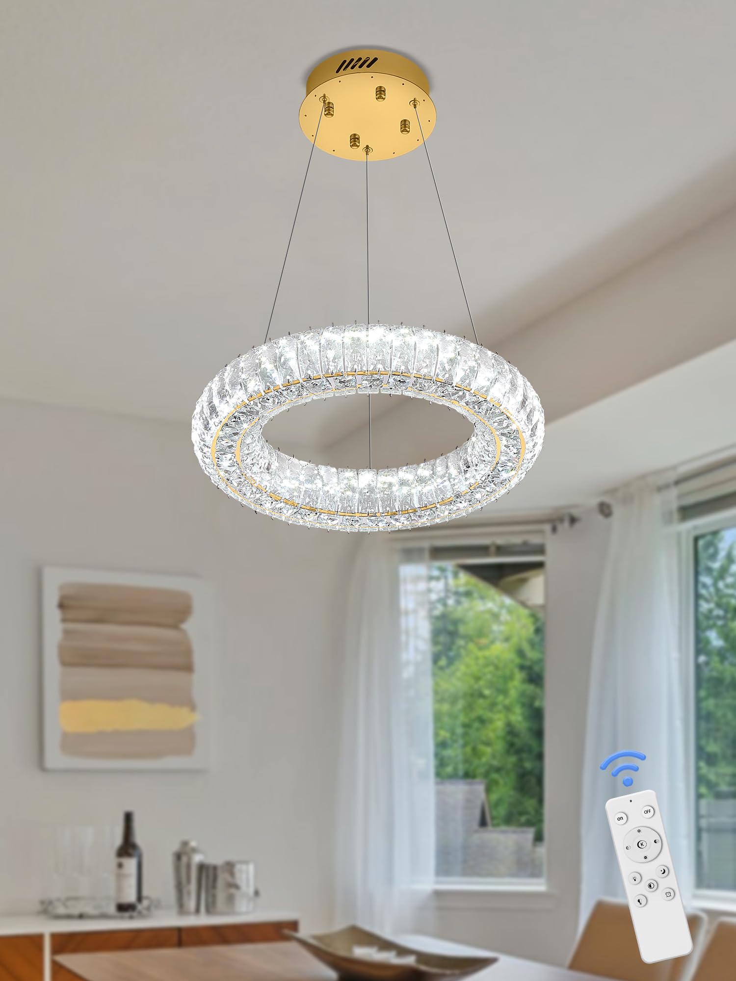Idequy Modern Crystal Chandelier Dimmable Led 15.7'' Gold Ring Pendant Light Adjustable Round Crystal Chandelier Light Fixtures