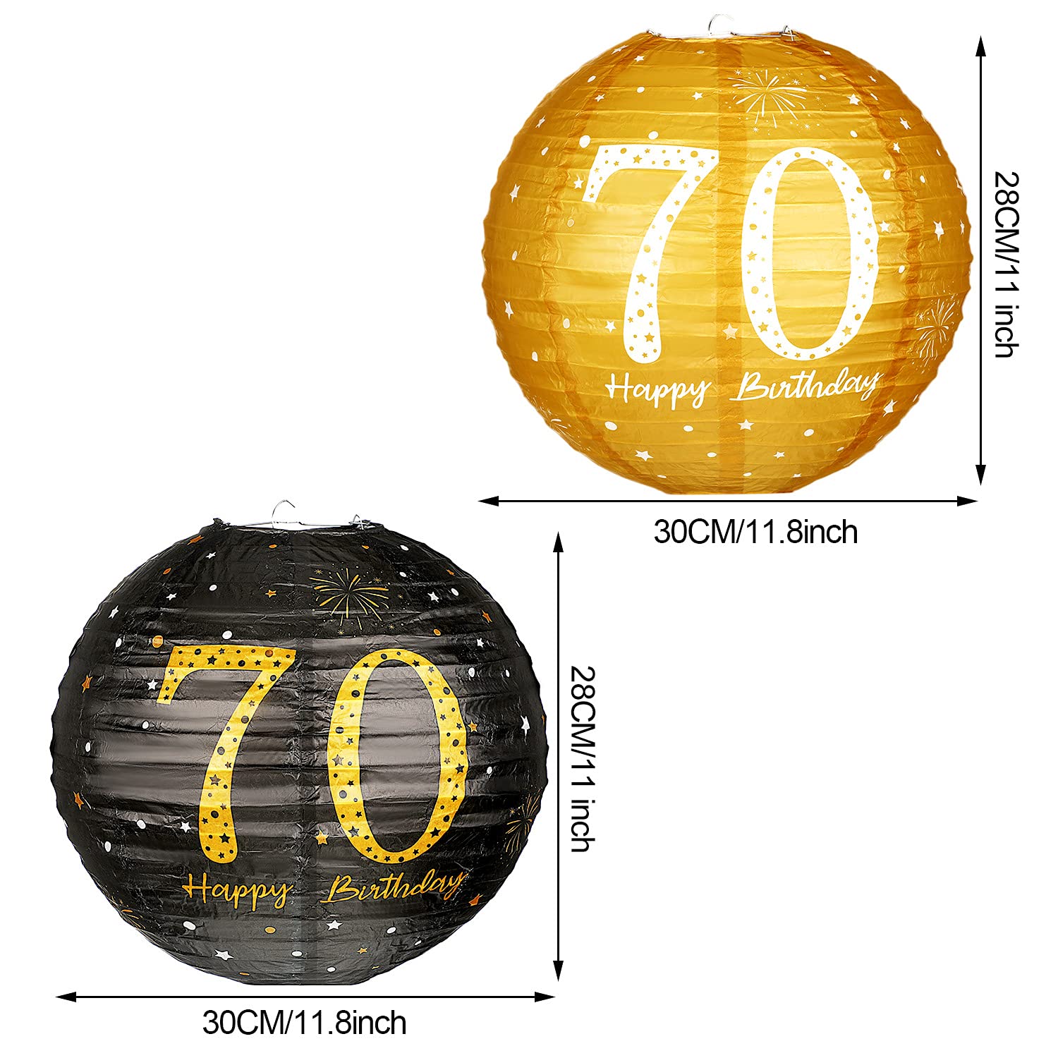 Blulu 6 Pieces Birthday Party Decorations - Hanging Paper Lanterns, Black Gold Glittery, 70th Style, Anniversary Sign