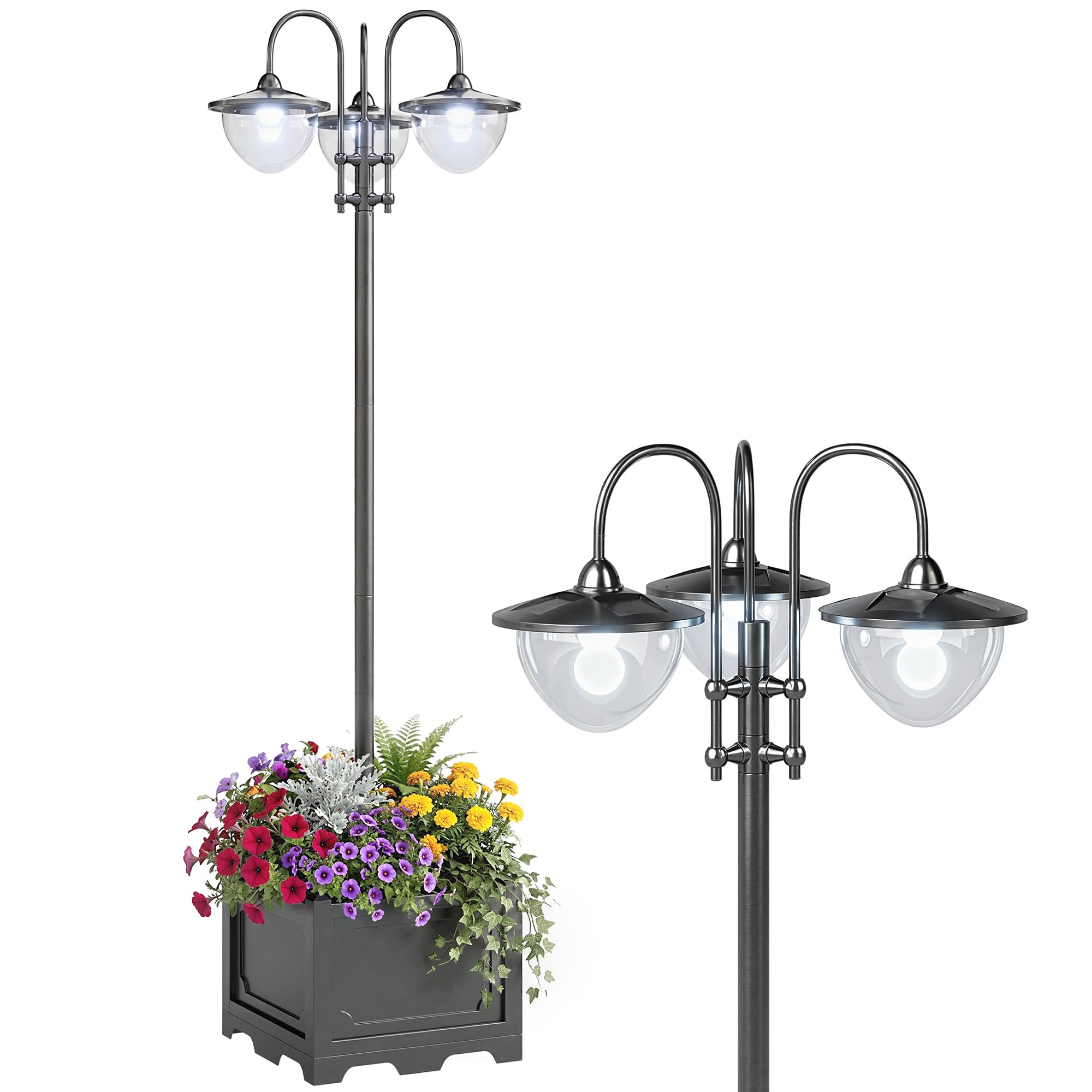 Outsunny 74.5 3-Head Solar Lamp Post Light with Planter, Solar Pole Lights Outdoor Waterproof LED Lighting for Backyard Pathway 