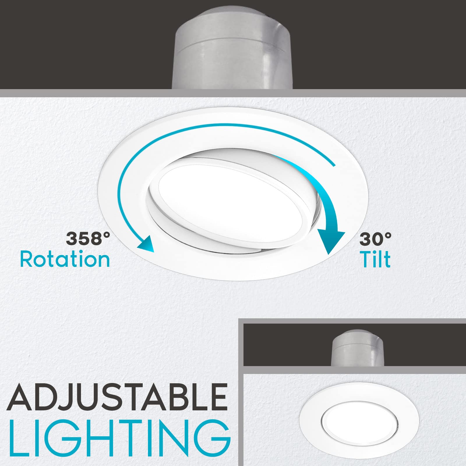 Luxrite 4 Inch Gimbal Led Recessed Lighting Can Light, 8W=60W, 5 Color Selectable 2700K-5000K, Cri 90, Dimmable Adjustable Led D
