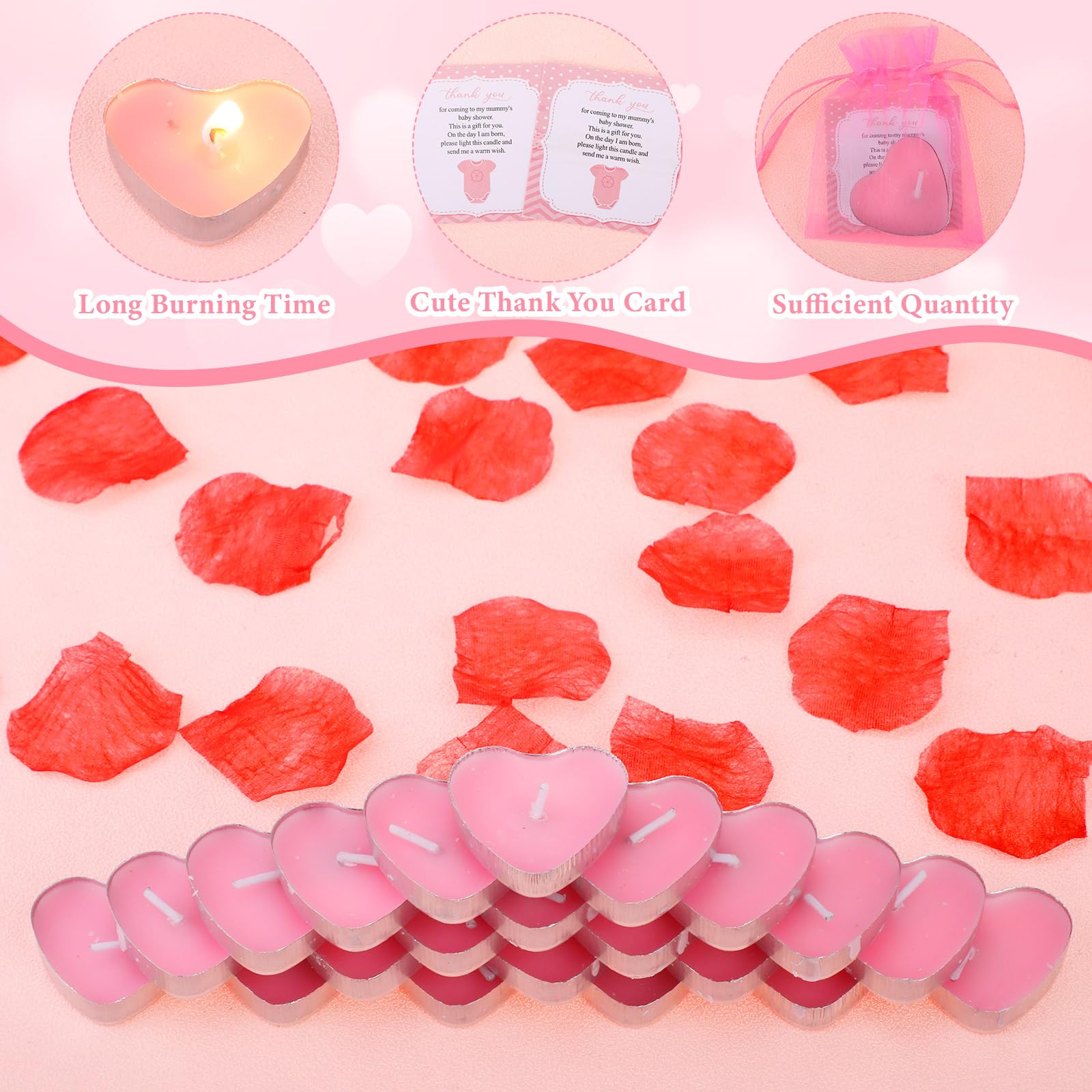 Threlaco 50 Sets Baby Shower Party Favor for Guest Include 50 Valentine's Day Heart Shaped Tealight Candle 50 Thank You Card 50