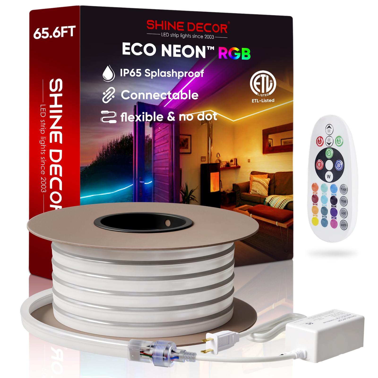 Shine Decor 65.6FT LED RGB Neon Rope Lights, ETL-Listed AC 110-120V Neon LED Strip Lights SMD5050 80LEDs/m with Remote, Dimmable Multicolor Change Flexible Neon Rope Lighting Waterproof for In&Outdoor