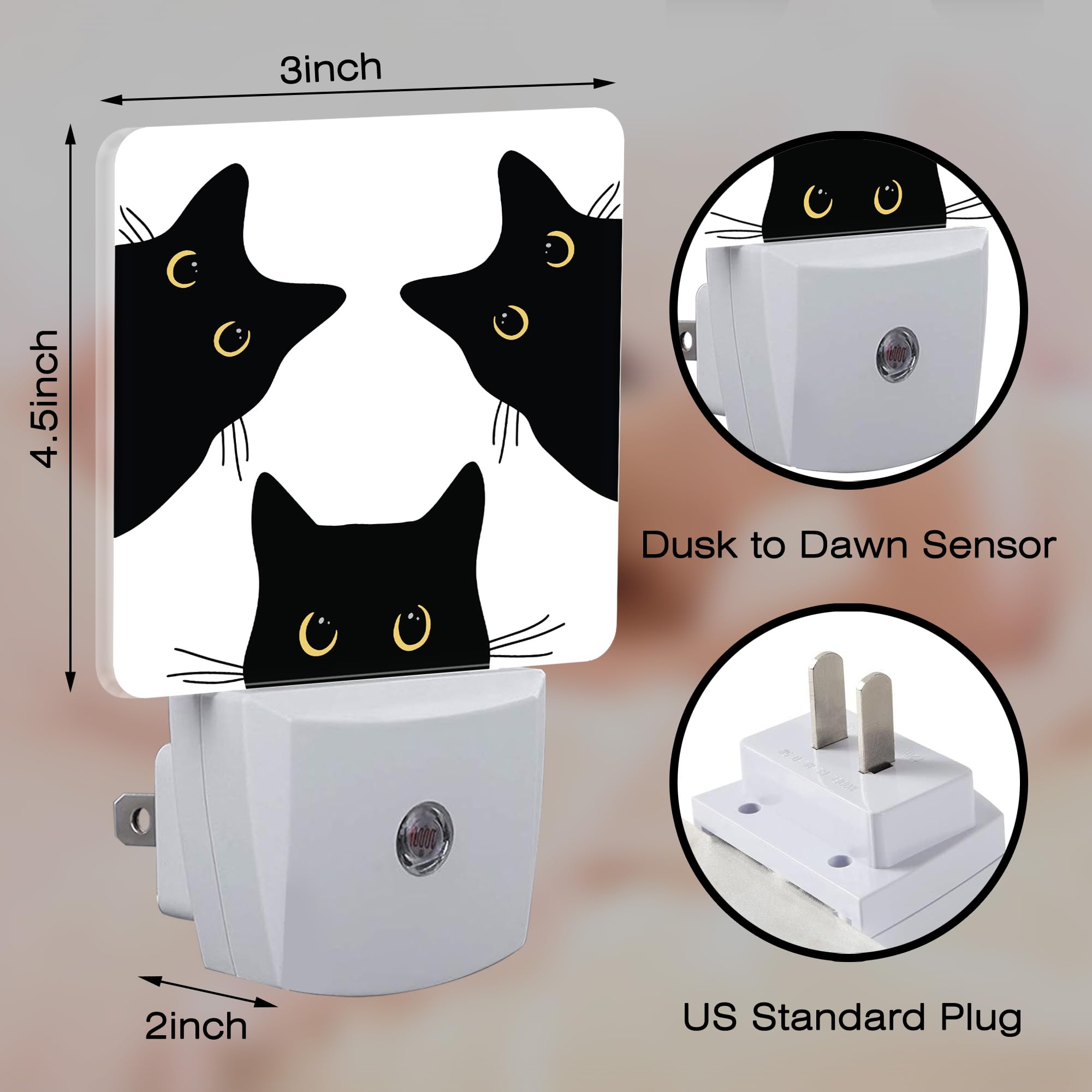 Sndheke Funny Black Cats Night Light, Cute Kittens Dusk To Dawn Plug In, 0.5W Energy Saving Sleep Friendly Night Light For Kids