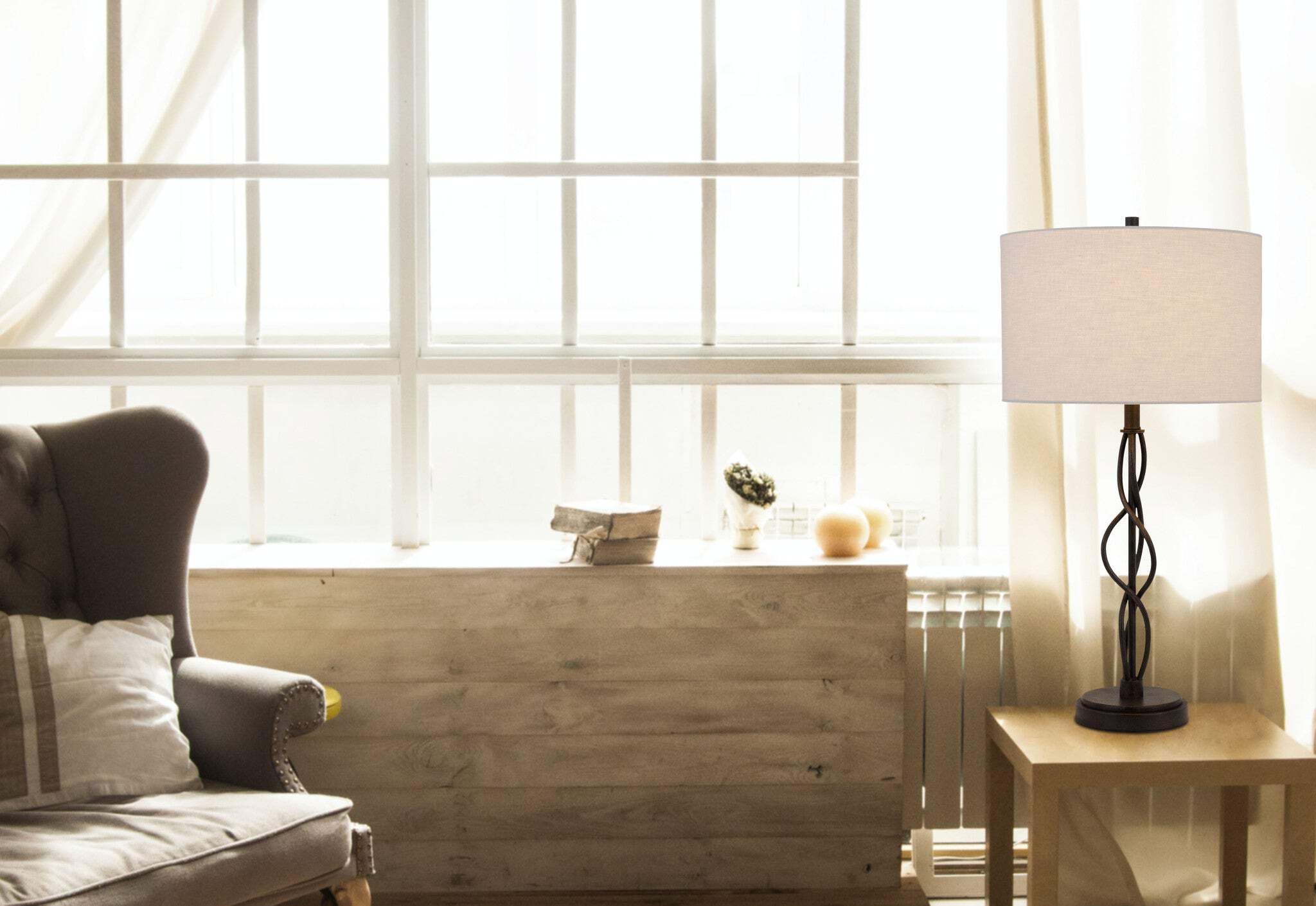 HomeRoots Metal Table Lamp 30 in. with Off White Drum Shade, Model 524701, Bronze Finish