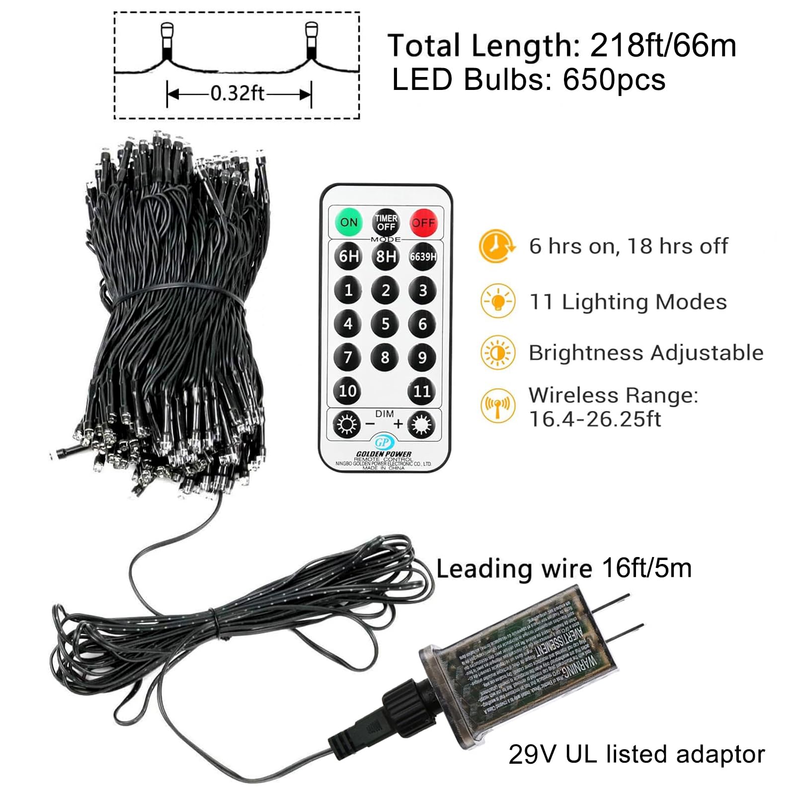 KENTA 218FT 650 LED Christmas String Lights, Remote Control, 11 Modes, Timer, Green Wire, Waterproof, Model MTX-33-NB