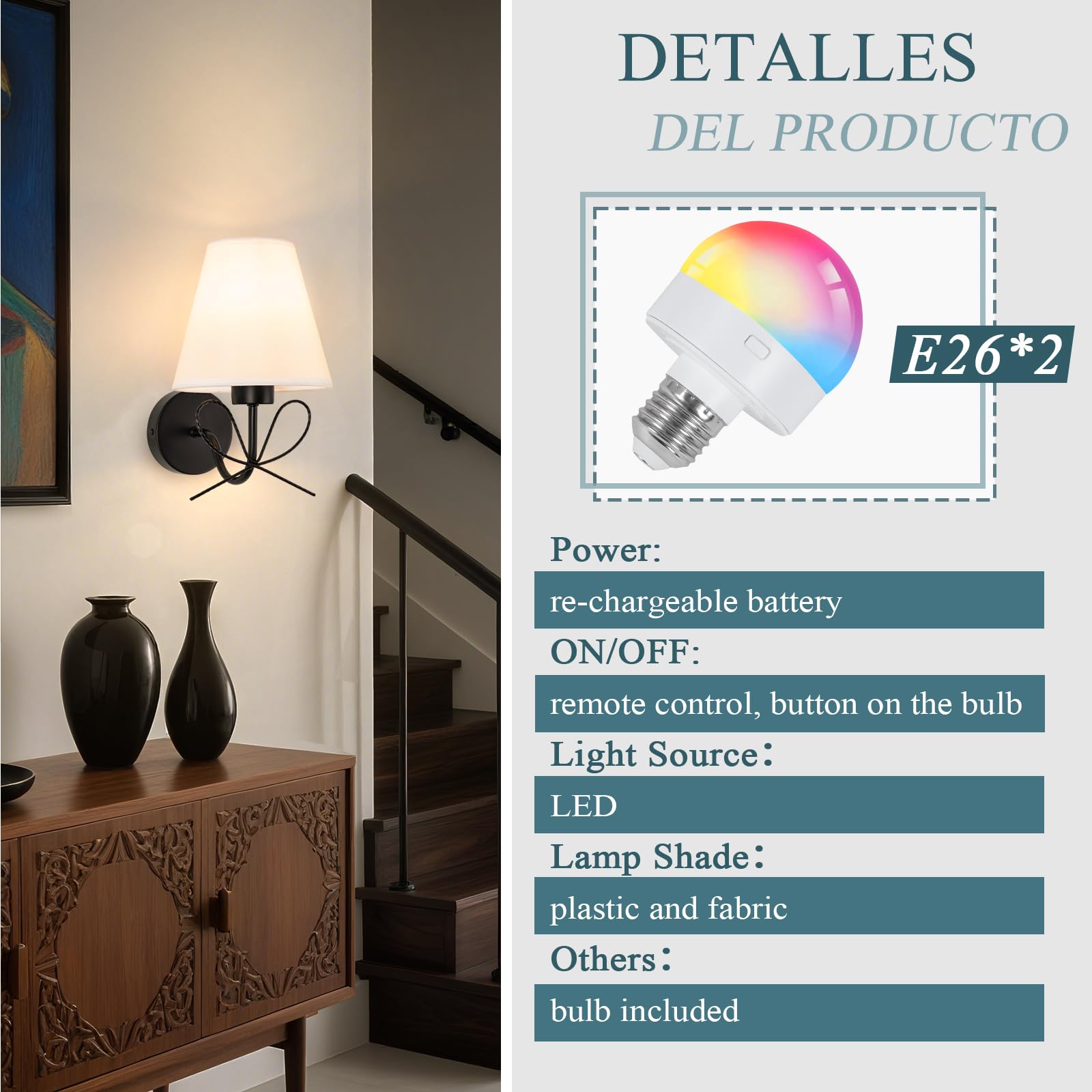ADISUN Wall Sconce Set of Two, Battery Operated, Dimmable, Matte Black, Wireless, Includes 2 Bulbs