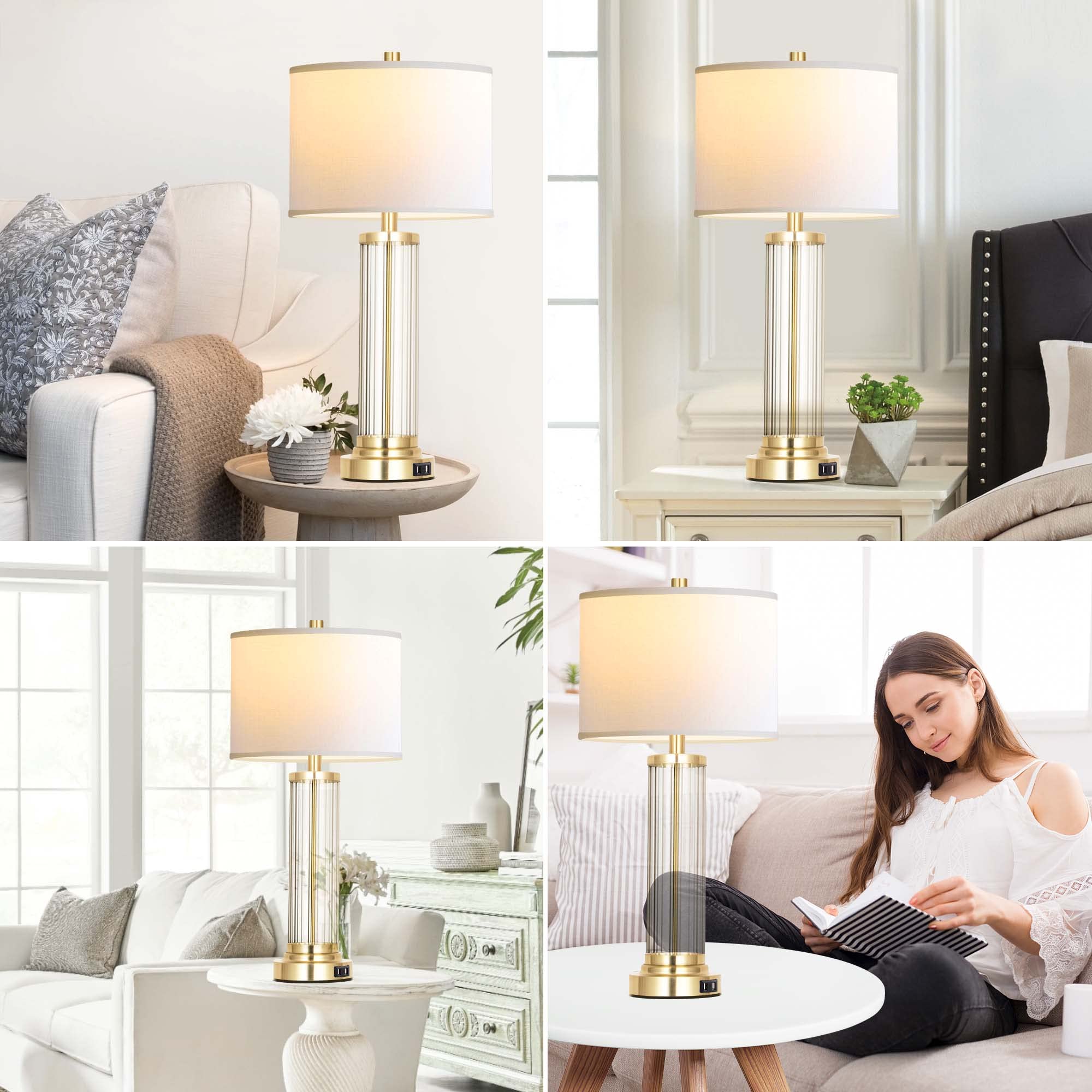 QiMH Touch Control Table Lamp Set of 2, 3-Way Dimmable, Antique Gold, Fabric Cream Shade, Modern Design, LED Bulbs Included