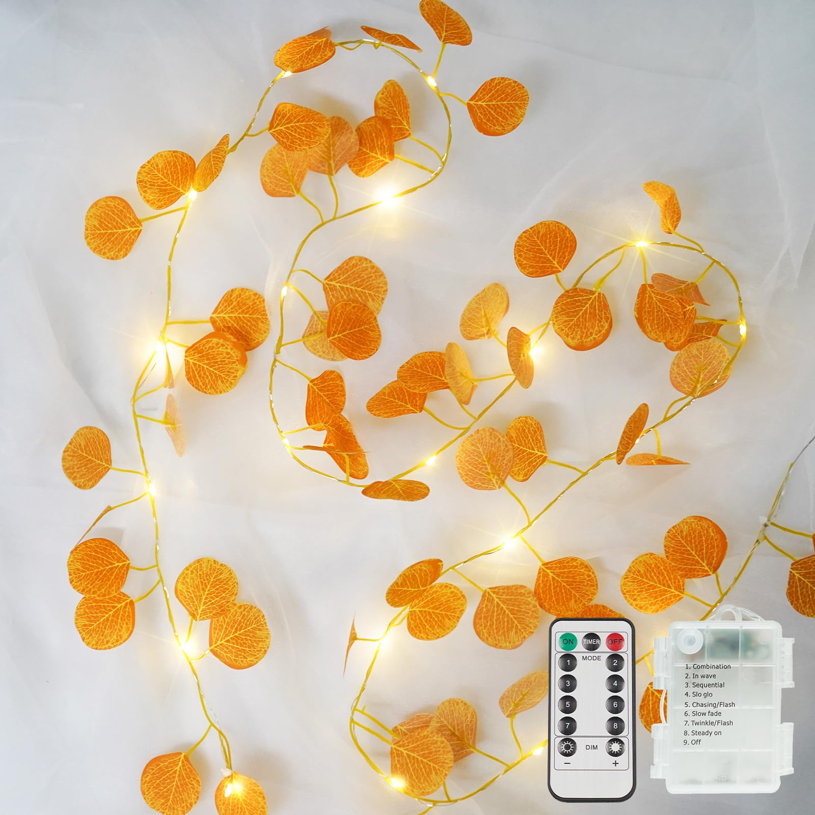 suddus Vine with Fairy Lights Battery Operated, 33ft 100 LED Eucalyptus Leaf String Lights with Remote, Dimmable Fall Garland wi