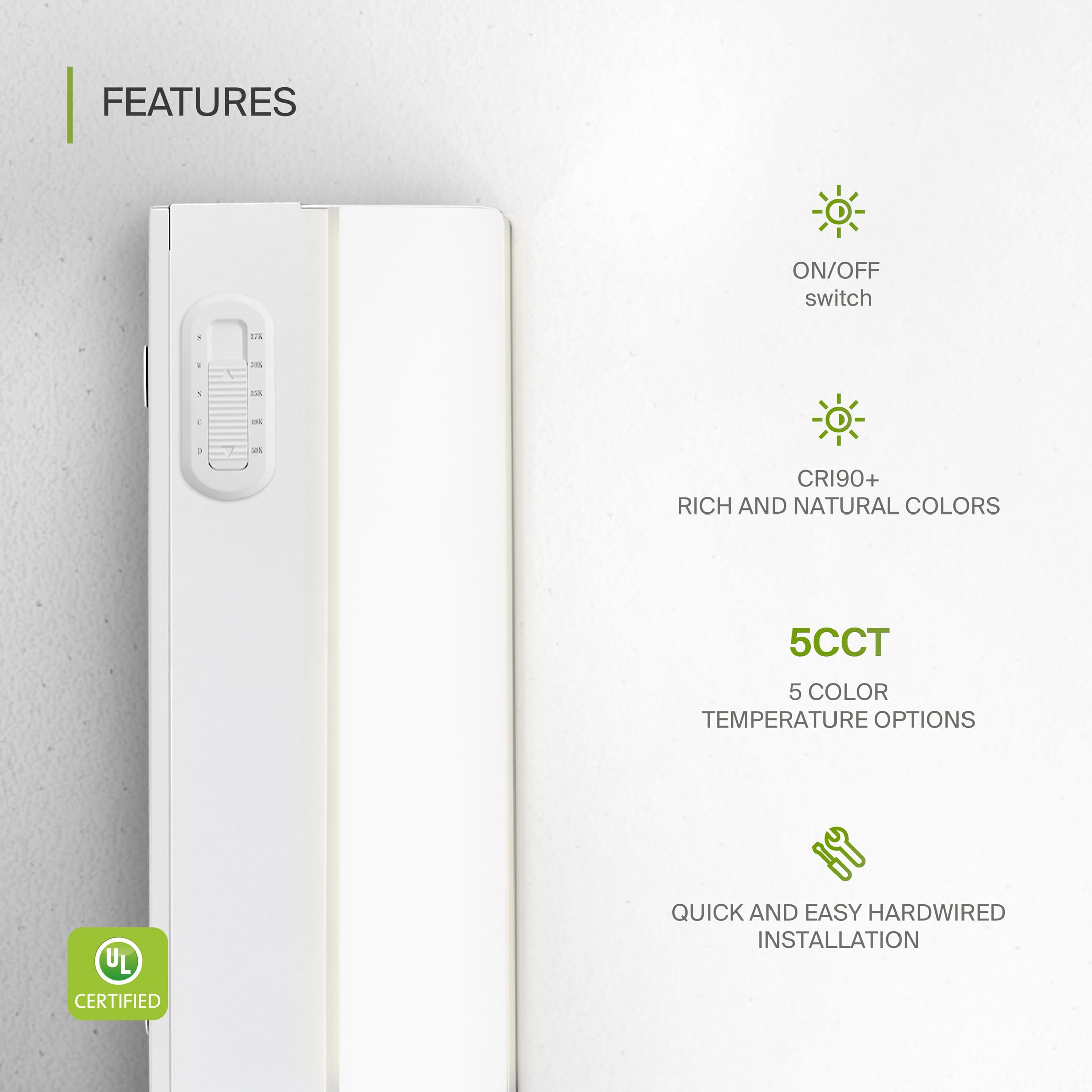 Asd 32 Inch Led Under Cabinet Lighting Hardwired, On/Off & Color Temp Switch, 16W 1436Lm, 5 Cct 2700K-5000K Cri90+, Dimmable Und