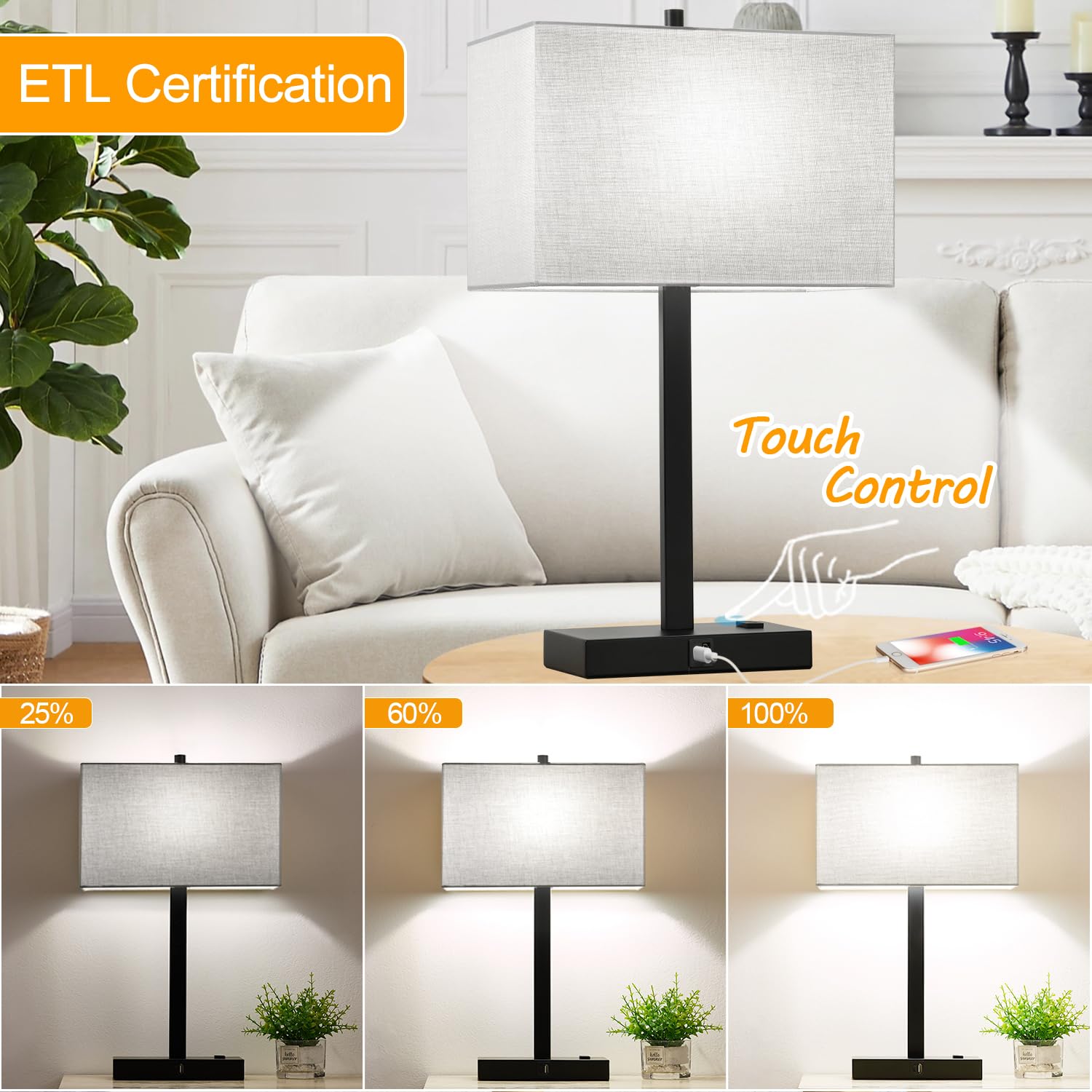 Lynnoland 21&quot; Touch Control Table Lamps, 3-Way Dimmable, Usb/Ac Outlets, Gray Shade,