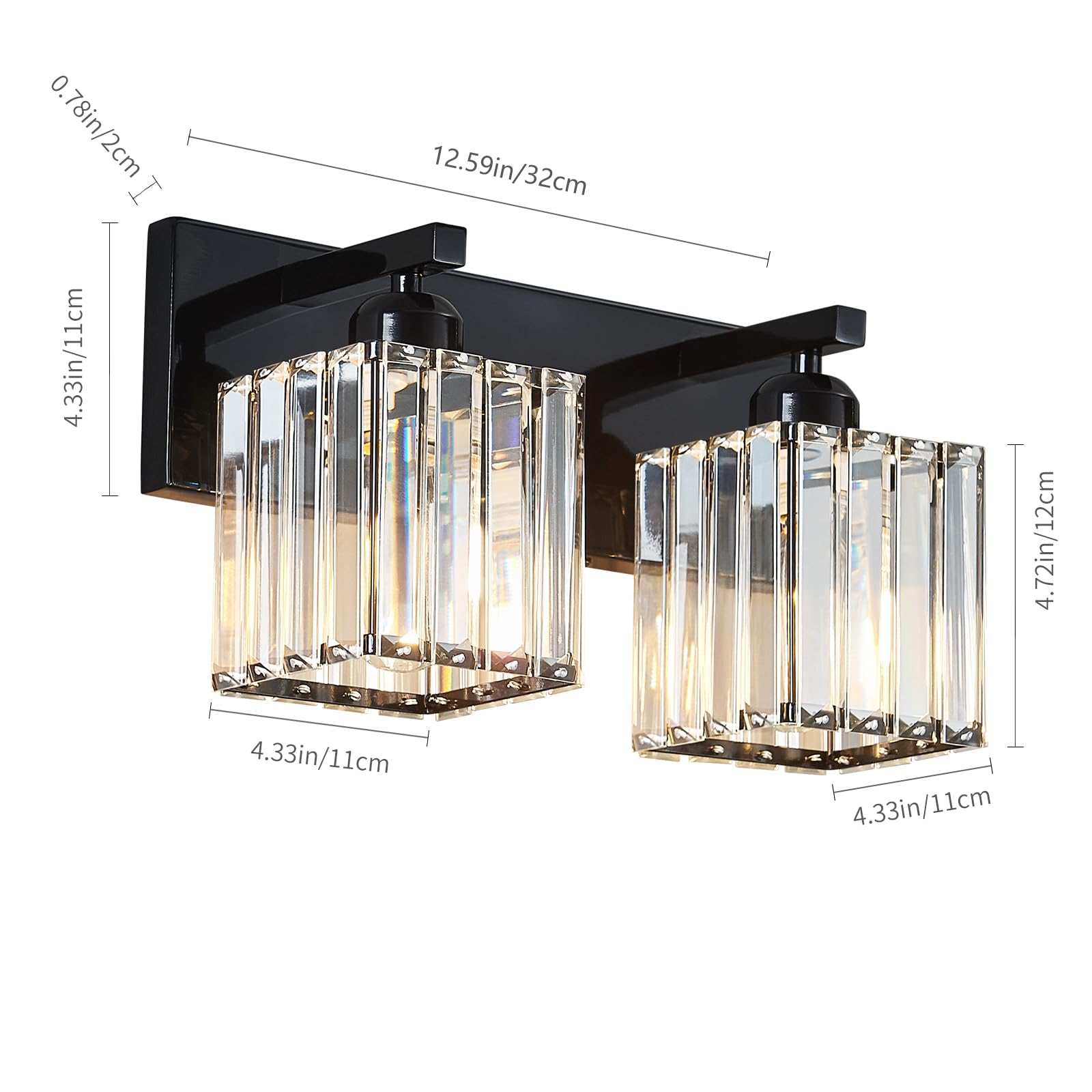 FDPBY 2-Light Bathroom Vanity Light Plating Black Crystal Wall Fixture Model 002