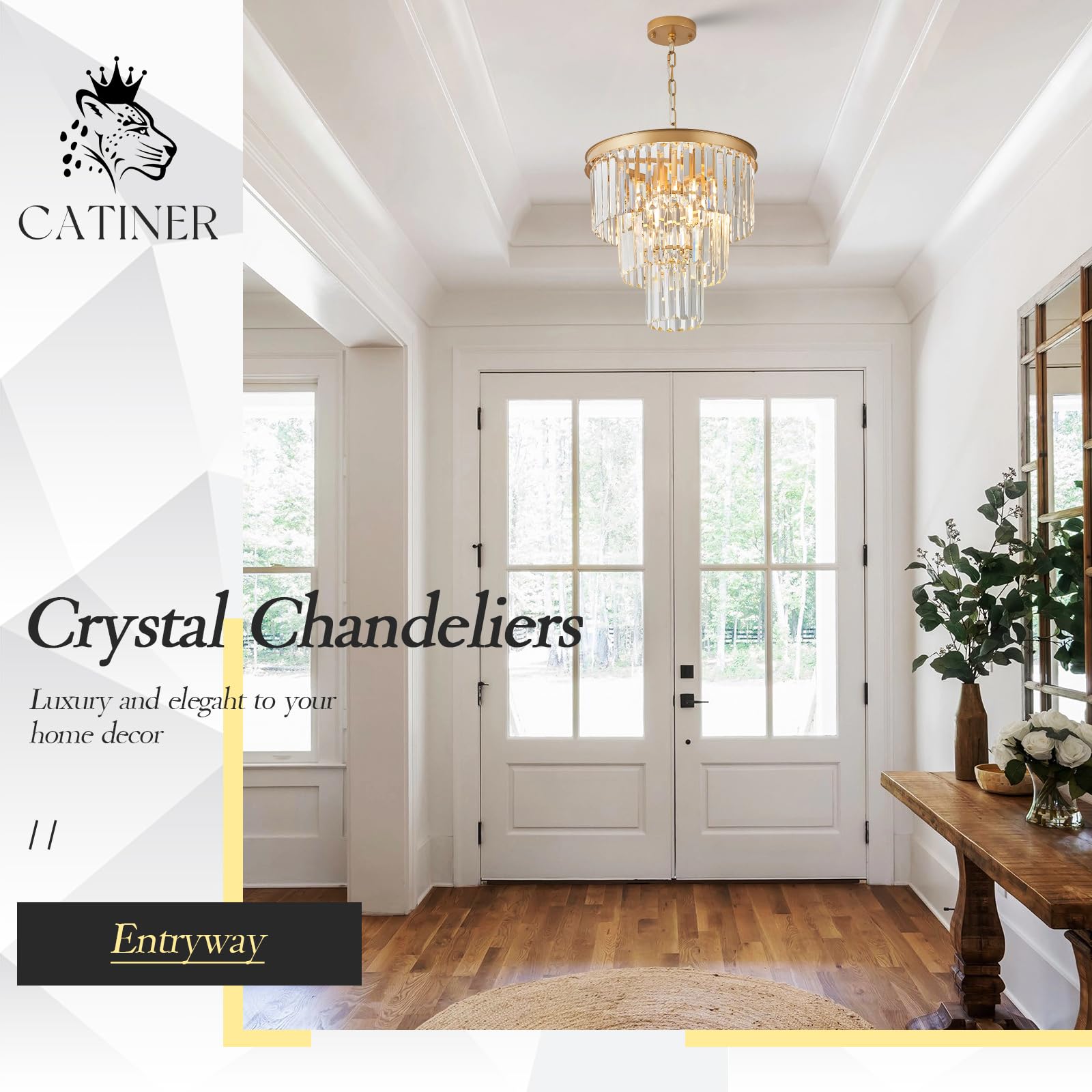 Catiner Gold Crystal Chandeliers 16'' Modern 6-Light Small Pendant Light Luxury 3 Tiers K9 Crystal Ceiling Pendant Round Light F