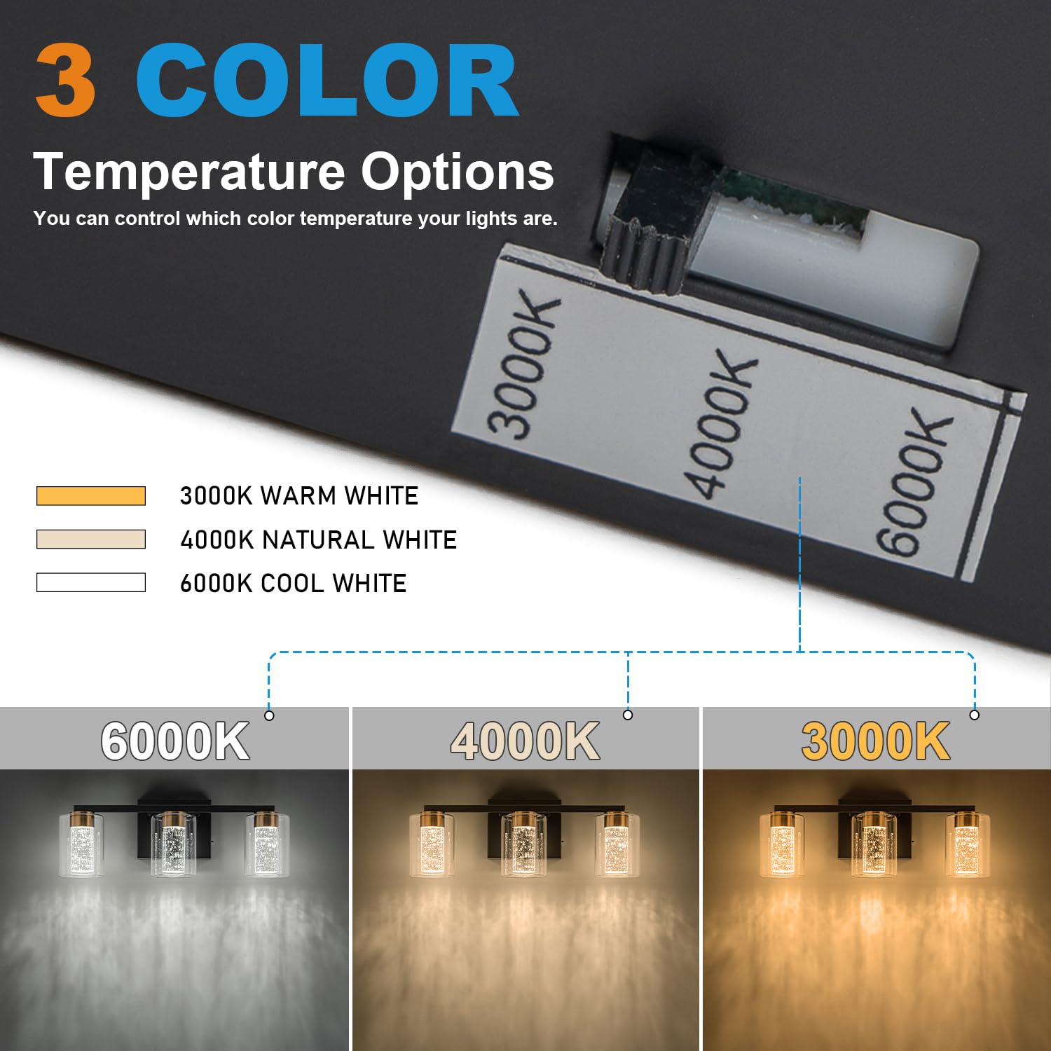 Sinerise 3-Light Black And Gold Vanity Light With 3 Color Modes (3000K/4000K/6000K), Eye Protection Led Bathroom Light Fixture,