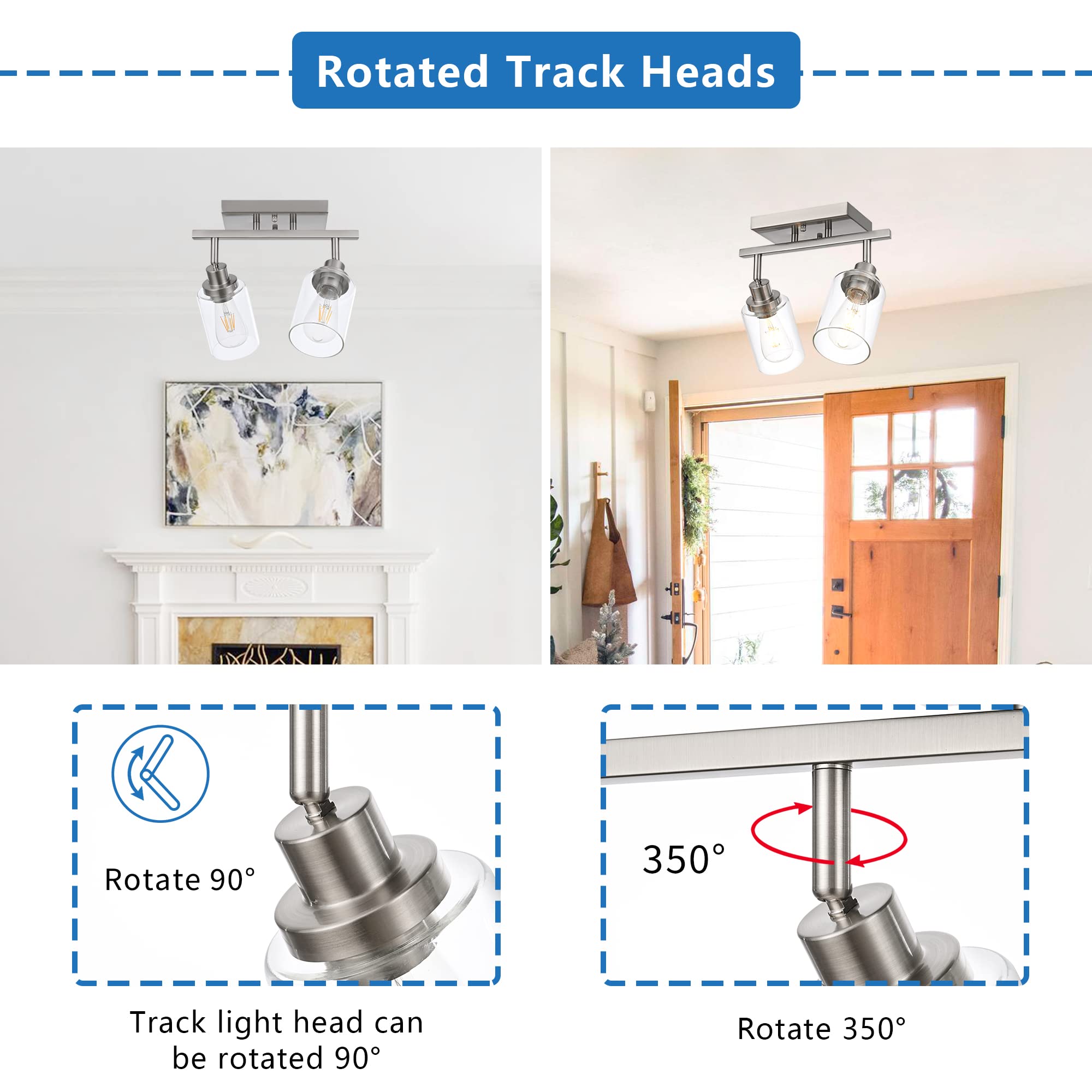 Melucee 2 Light Rotatable Track Lighting Kit Spotlight Semi Flush Mount Ceiling Light, Brushed Nickel Bathroom Lights Wall Scone For Hallway Porch Foyer Bath Storage, Clear Glass Shade
