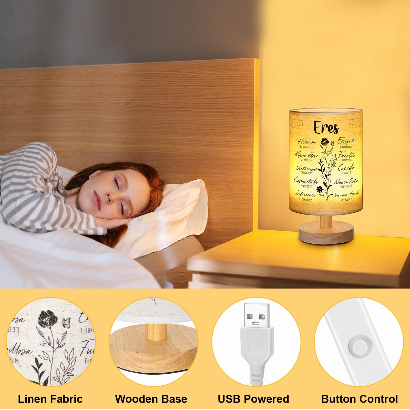 Kittmip Table Lamp, Fabric Night Light with Bible Verse, Flax Color, Model MOO-Kittmip-0599