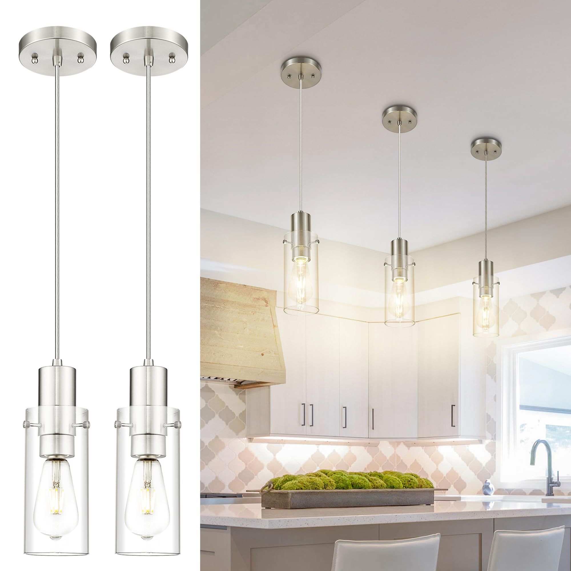 Emak Brushed Nickel Pendant Light Fixtures, Modern Mini Pendant Lights Kitchen Island with Clear Glass Shade, 2 Pack Hanging Lig