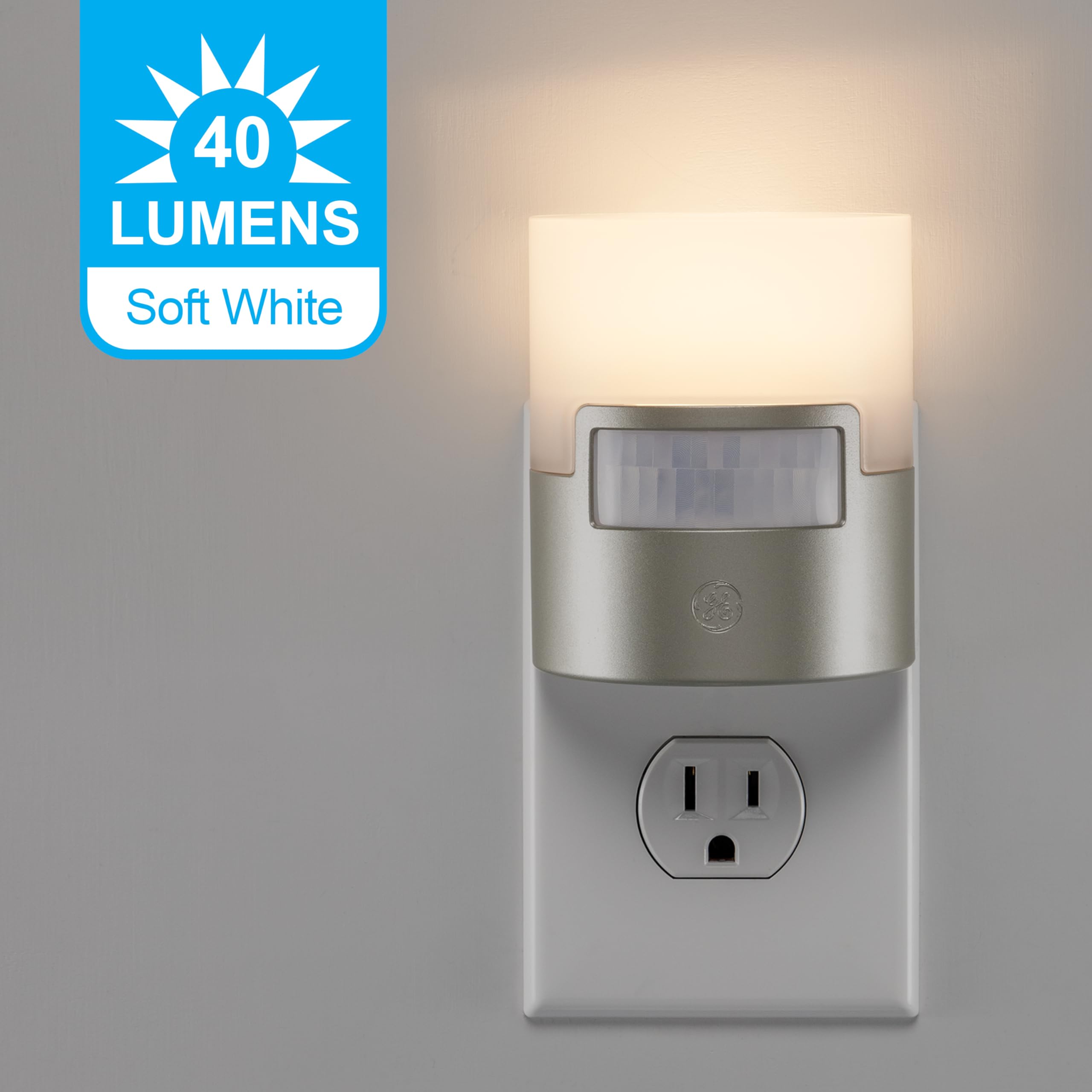 GE LED Motion Sensor Night Light, 40 Lumens, Soft White, UL-Certified, 2 Pack, Silver, Energy Efficient for Bedroom, Bathroom, Kitchen