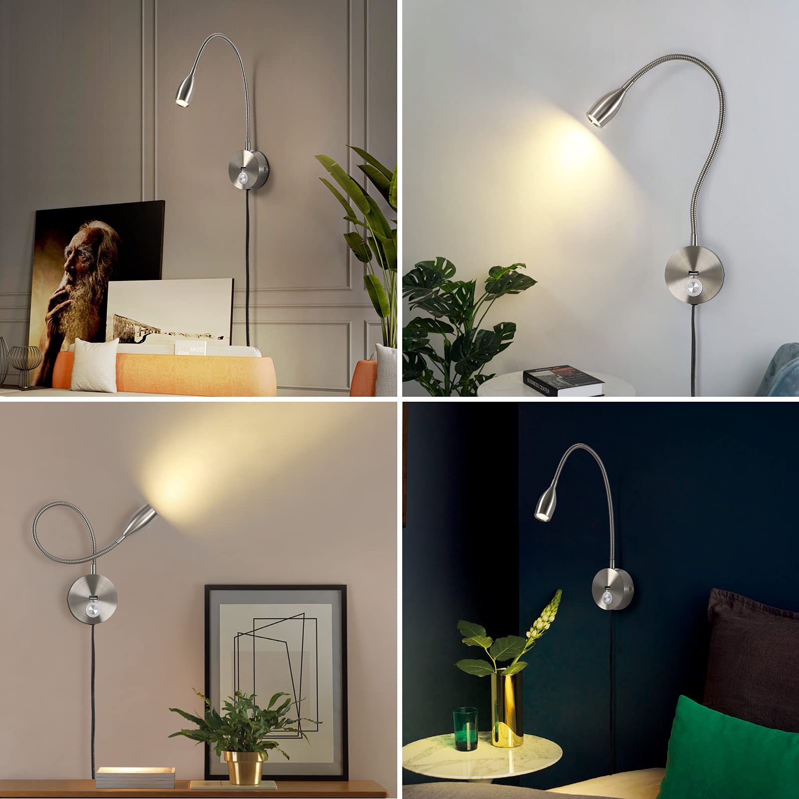 Crisetek Reading Light Wall Mounted Reading Light Headboard Touch Switch Dimmable Reading Lamp Task Directional Led Gooseneck Light Ac (120V) Powered 3W (Brushed Nickel, Warm White)
