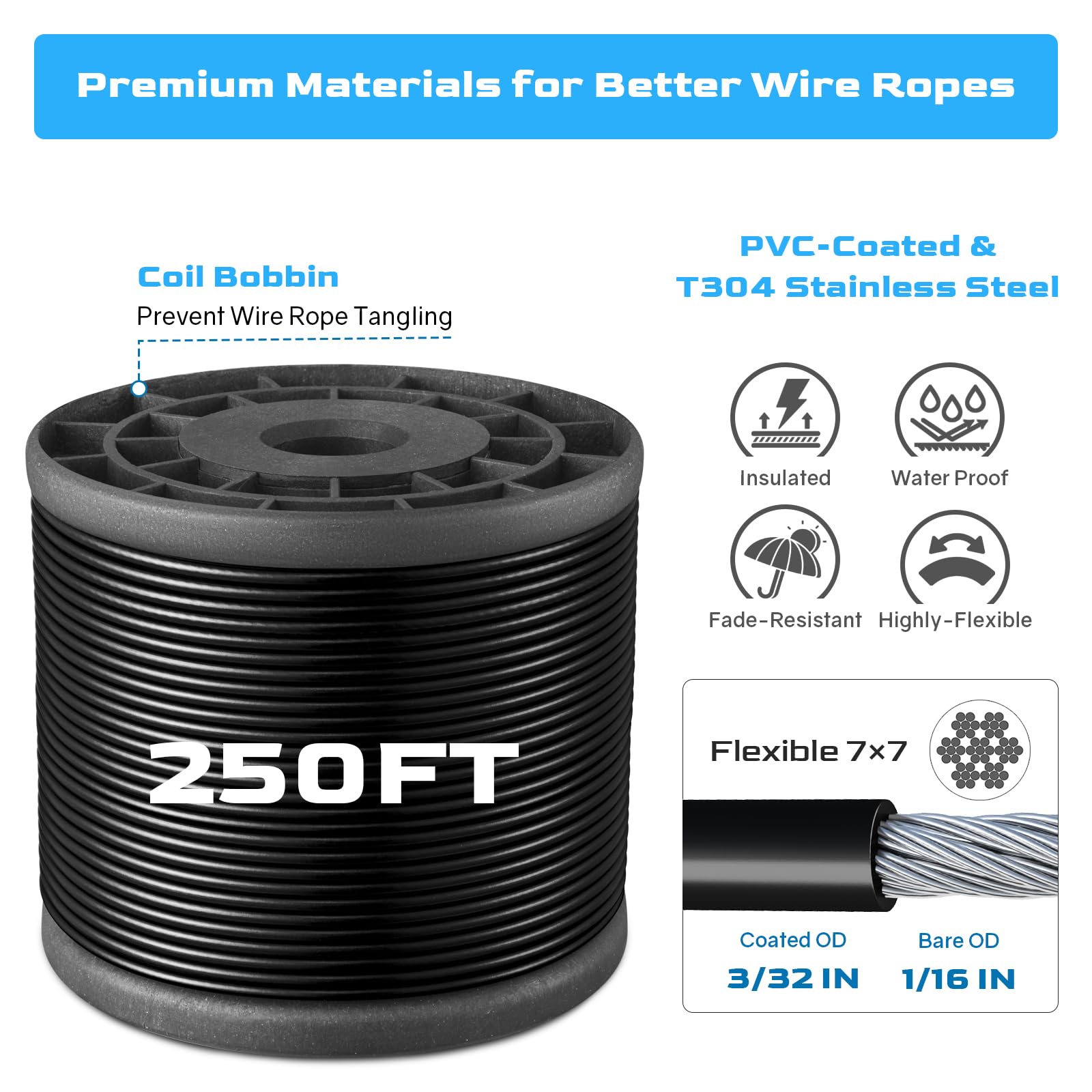 Nereus String Light Hanging Kit With 250 Ft Vinyl Coated 304 Stainless Steel Cable, String Light Suspension Kit, Guide Wire With Turnbuckles And Hooks For Patio, Backyard Lighting Accessories