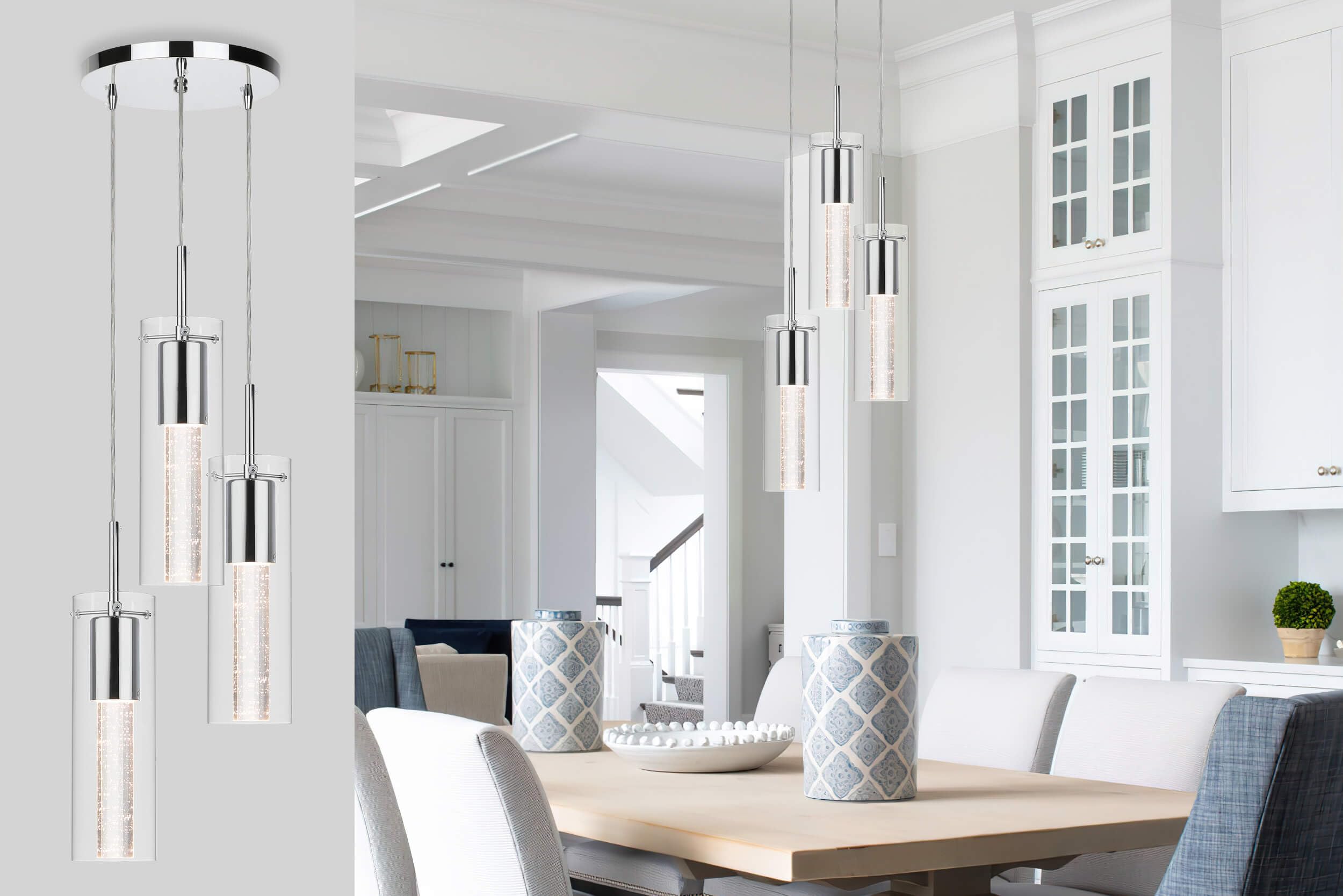 XiNBEi Lighting Pendant Light - 3-Light Kitchen Island Fixture, Chrome Finish, Large Size, Model XB-P1110-3-CH, Crystal & LED Bulb