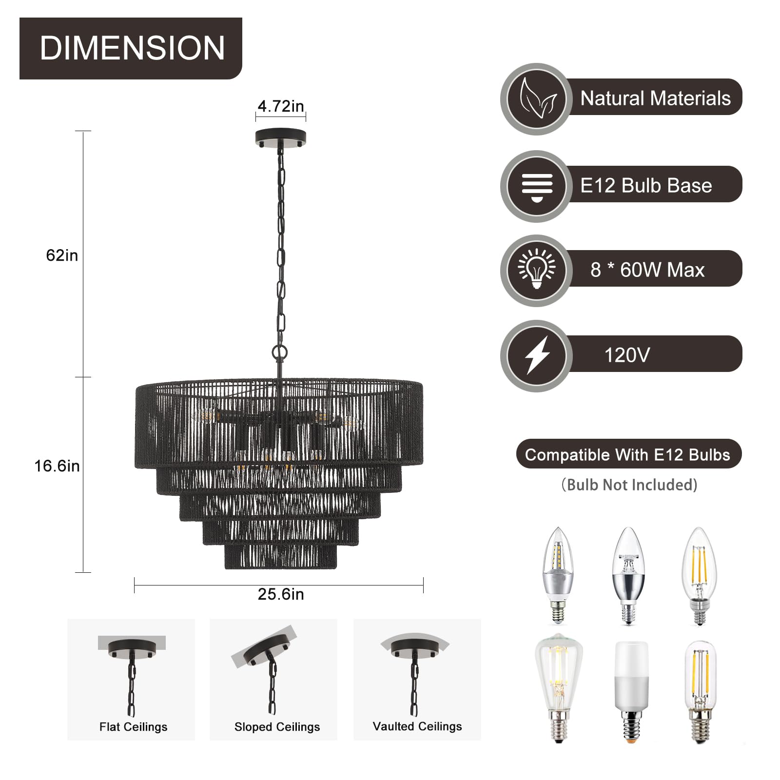 Yomecoo 25.6'' Black Rattan Chandelier Vintage 8-Lights Farmhouse Boho Hand-Woven Bamboo Black Chandelier Light Fixture Retro Dr