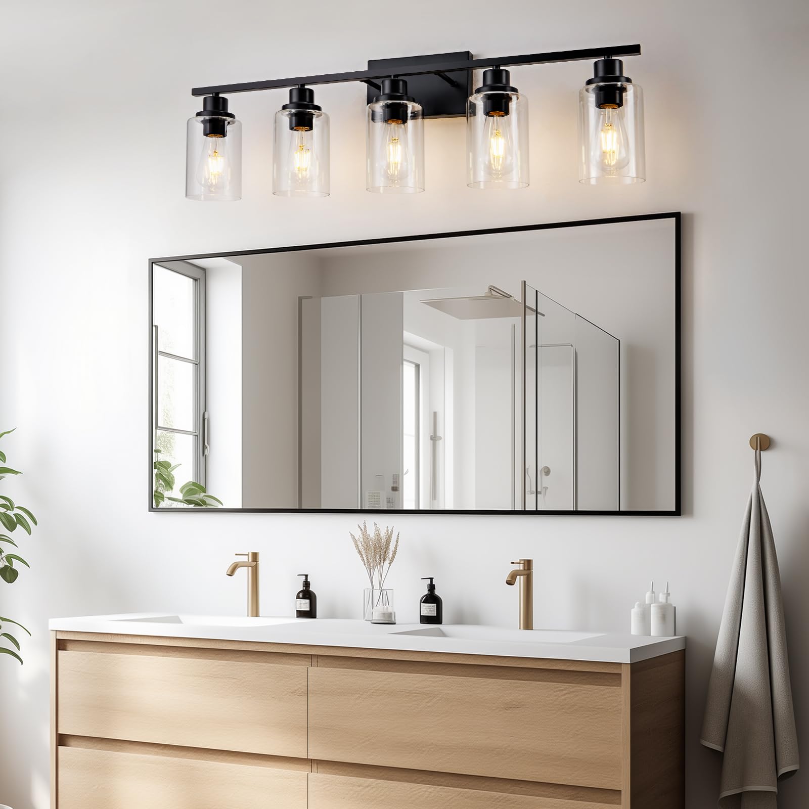 HCCZ 5 Light Bathroom Light Fixtures Black Metal Vanity Light Over Mirror E26 Socket with Glass Shade Model 800-100-1083